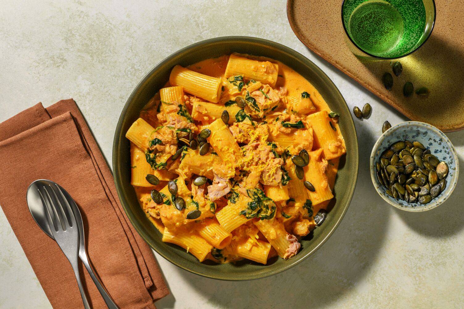 Rigatoni au thon-épinards sauce curry