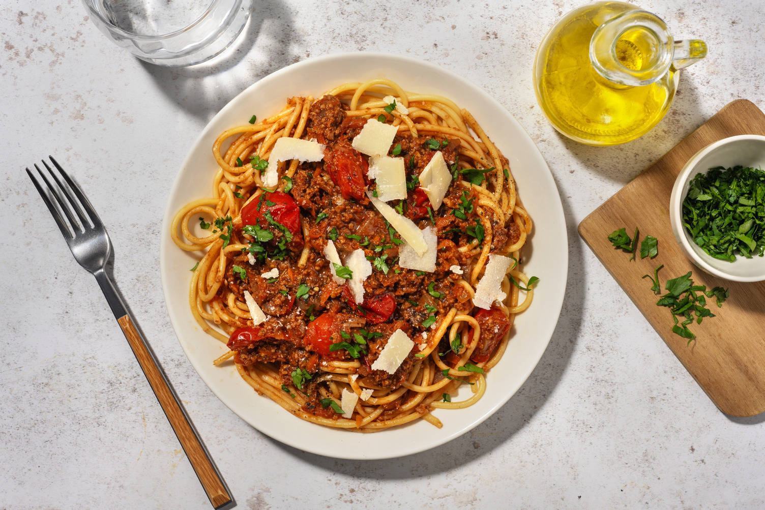 Veggie spaghetti bolognese met Grana Padano