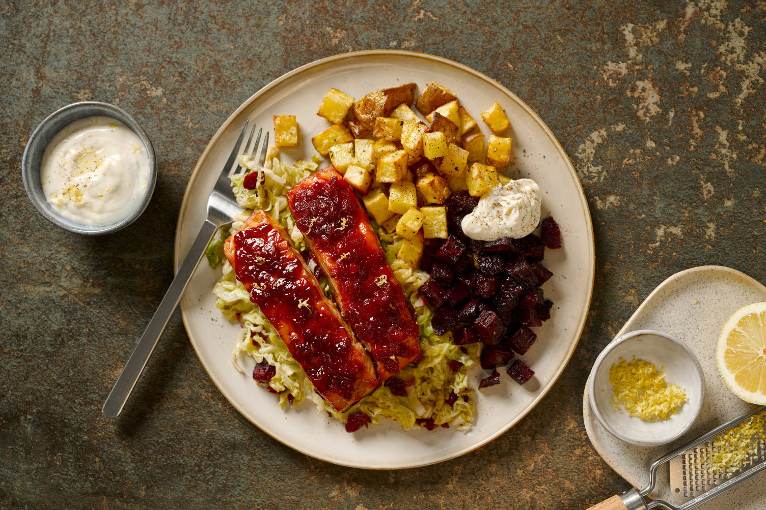 Scandi Style Roasted Double Salmon, Beetroot and Potatoes