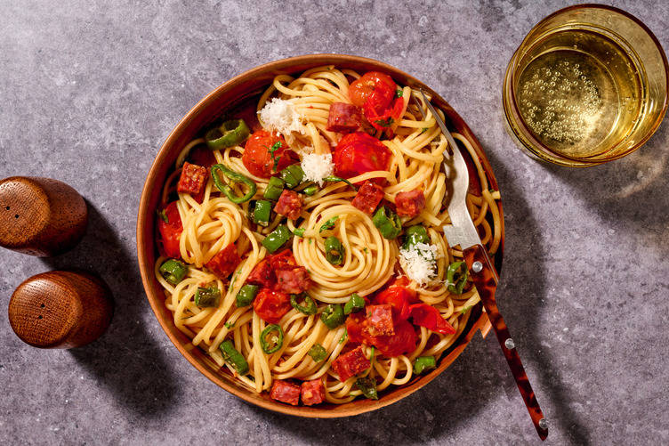 Blistered Padron Pepper and Chorizo Linguine
