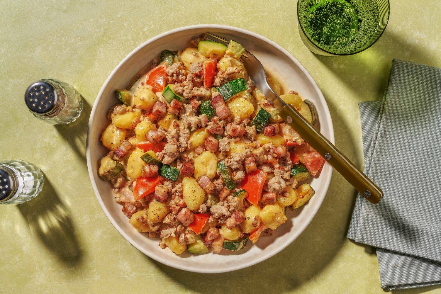 Spiced Sausage and Bacon Courgette Gnocchi