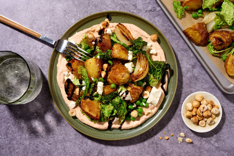 Black Garlic Potato and Crispy Kale Traybake
