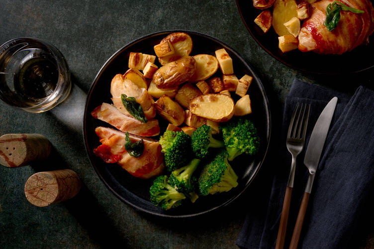 Bacon Wrapped Double Chicken in Sage Butter