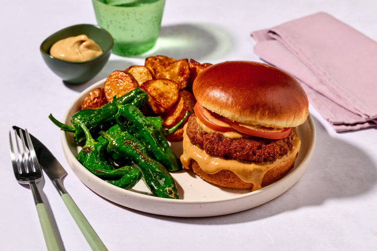 Black Garlic Lean Beef Burger with Padron Peppers