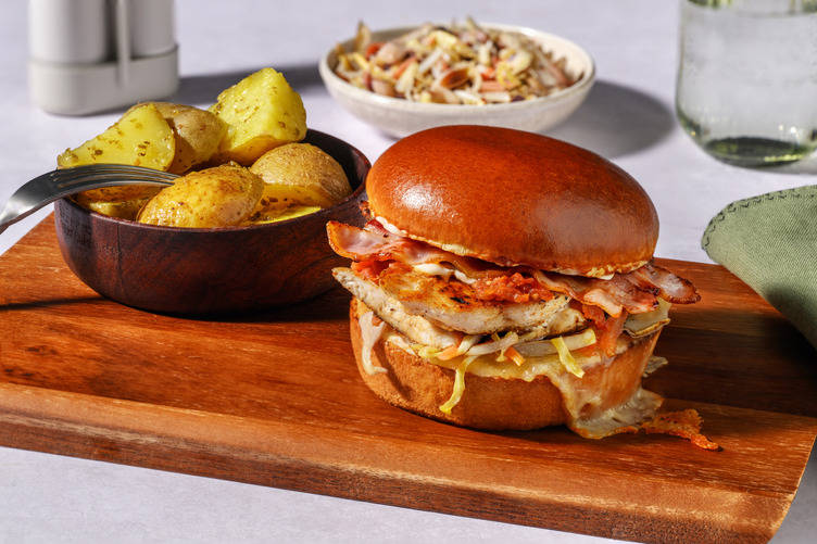 Cheesy Chicken Burger and Herby Potatoes with Irish Bacon