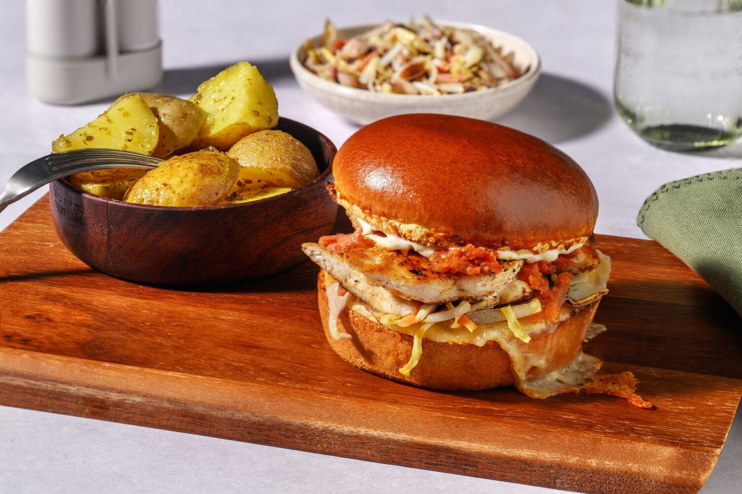 Cheesy Double Chicken Burger and Herby Potatoes