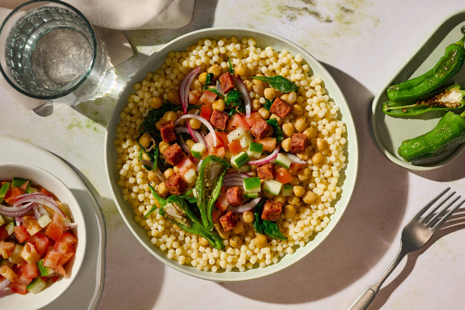Blistered Padron Pepper, Chorizo and Pearl Couscous Bowl