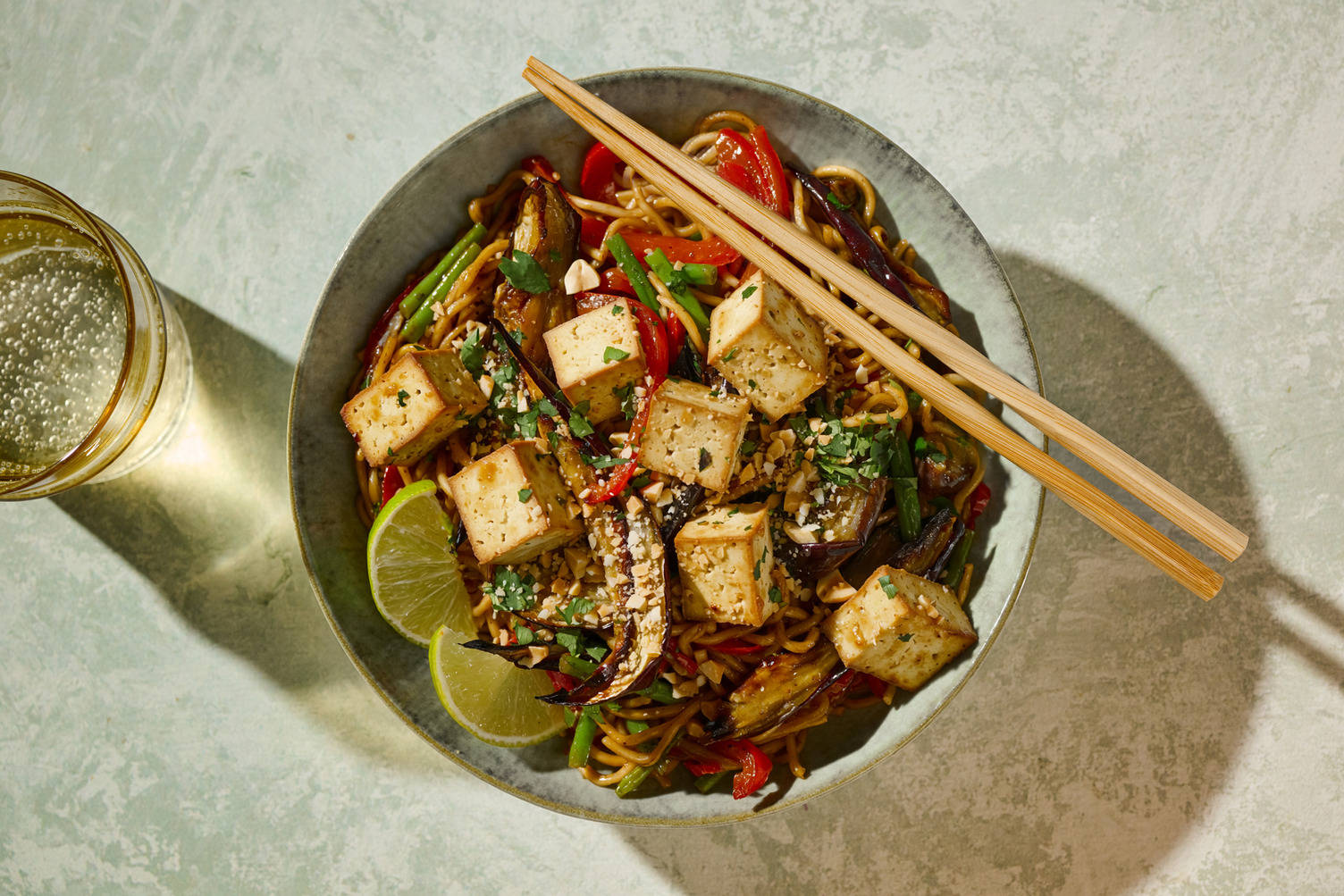 Sticky Tofu, Aubergine, Hoisin and Peanut Noodles