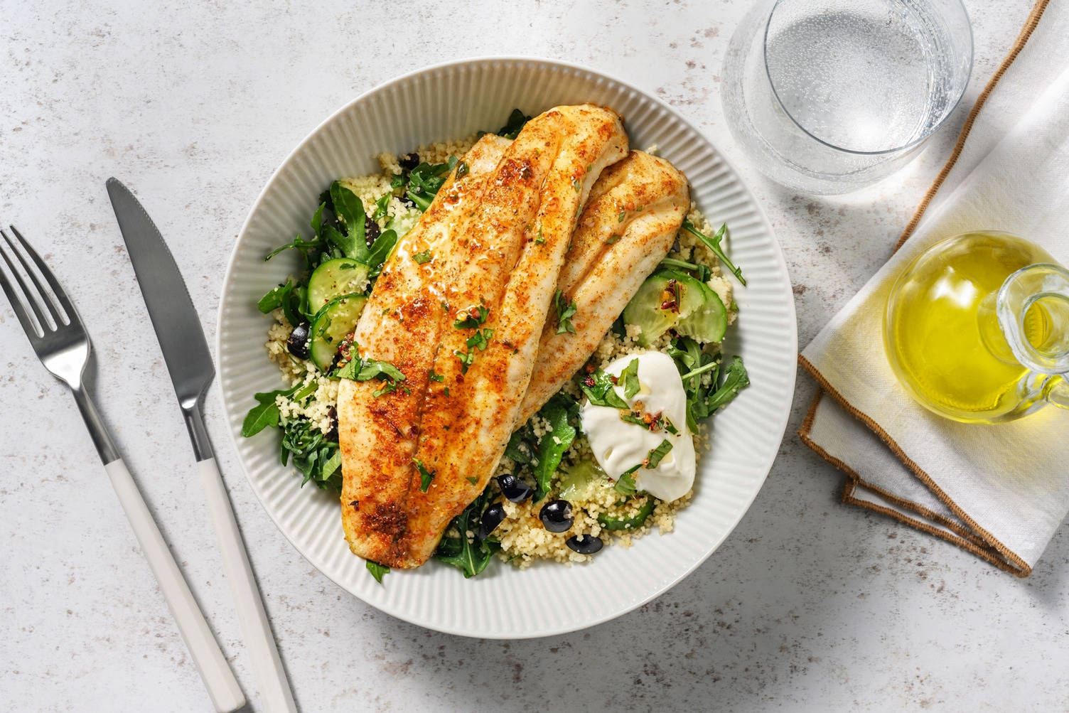 Double Baked Spiced Barramundi and Herby Caper Couscous