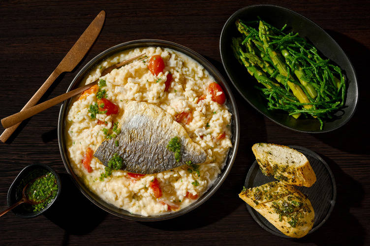 Seared Sea Bream on Orkney Crab and Tomato Risotto