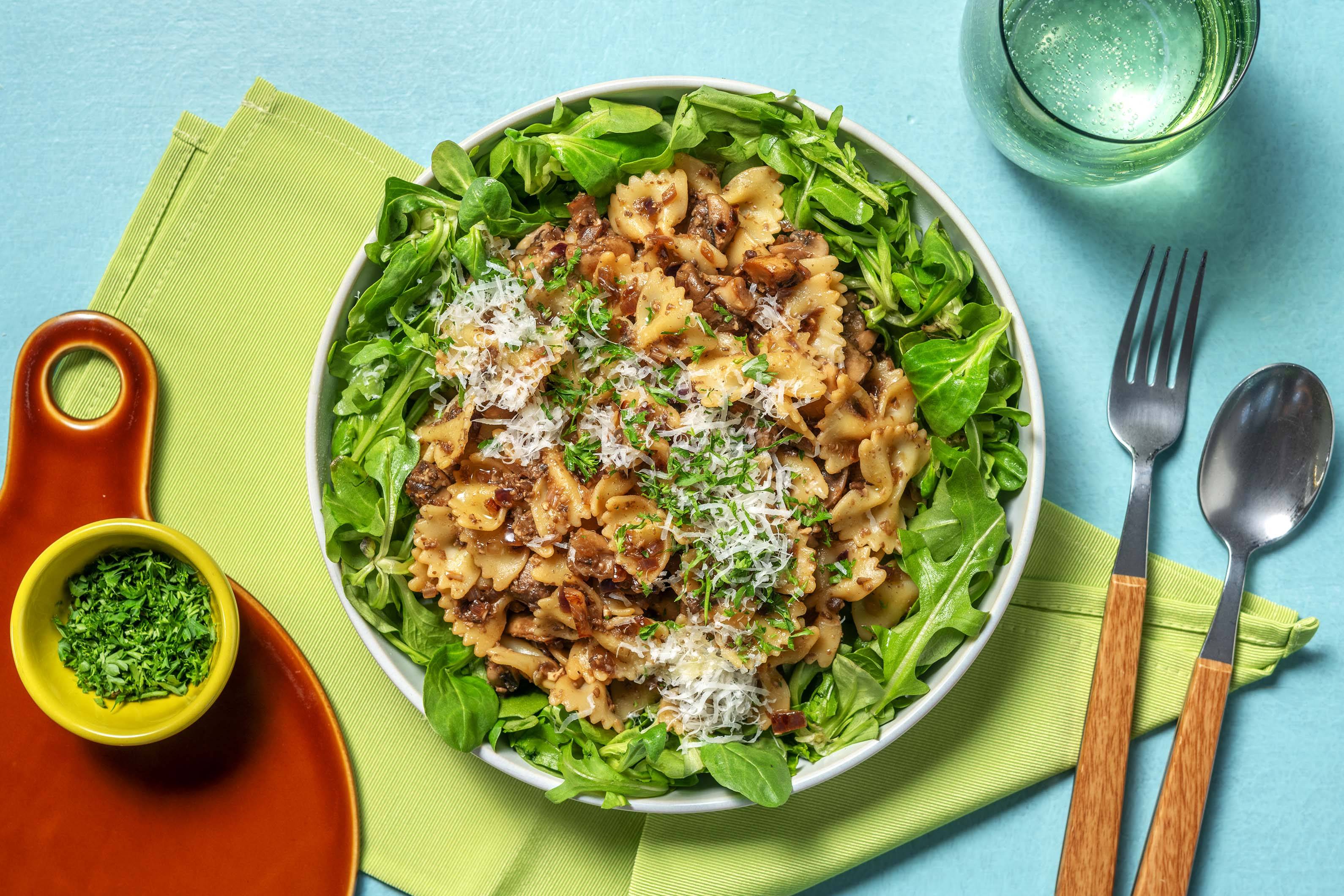 Farfalle met bospaddenstoelenpesto