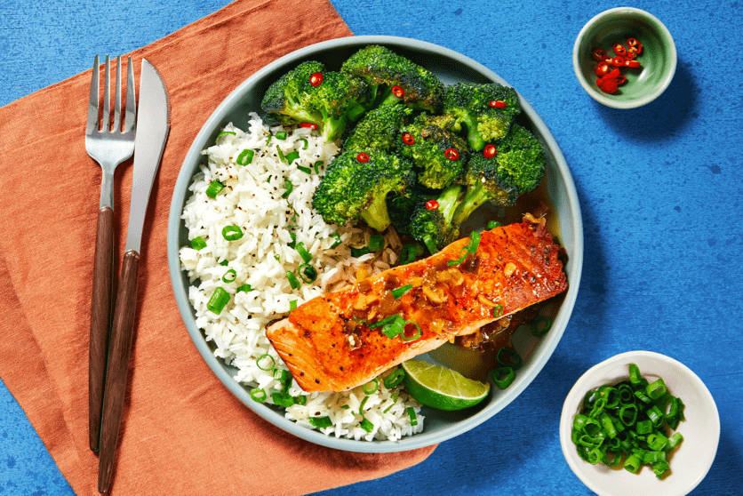 GINGER LIME SALMON with Scallion Rice & Roasted Sesame Broccoli