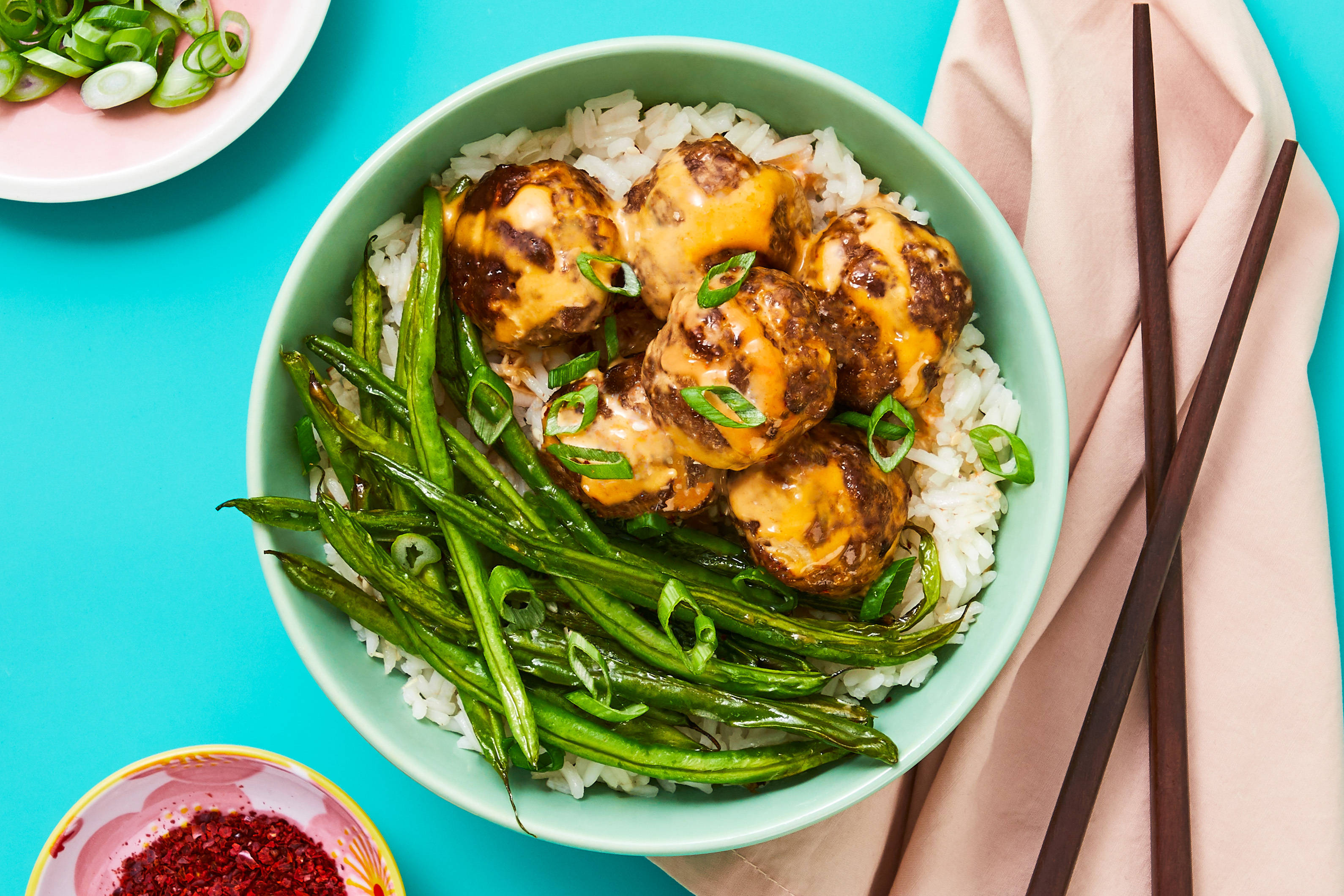 FIRECRACKER MEATBALLS with Roasted Green Beans & Sesame Rice
