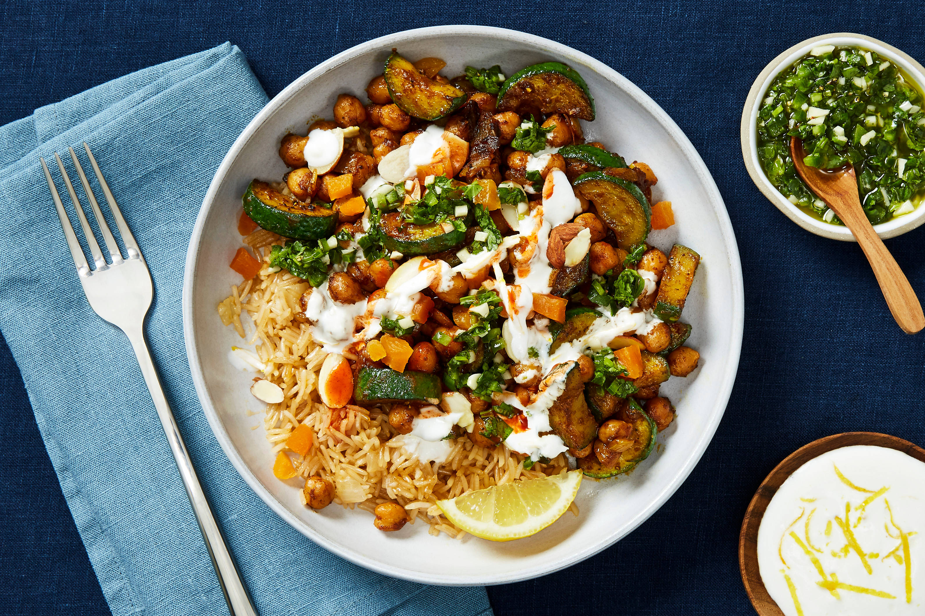 APRICOT, ALMOND & CHICKPEA TAGINE with Zucchini, Basmati Rice & Chermoula