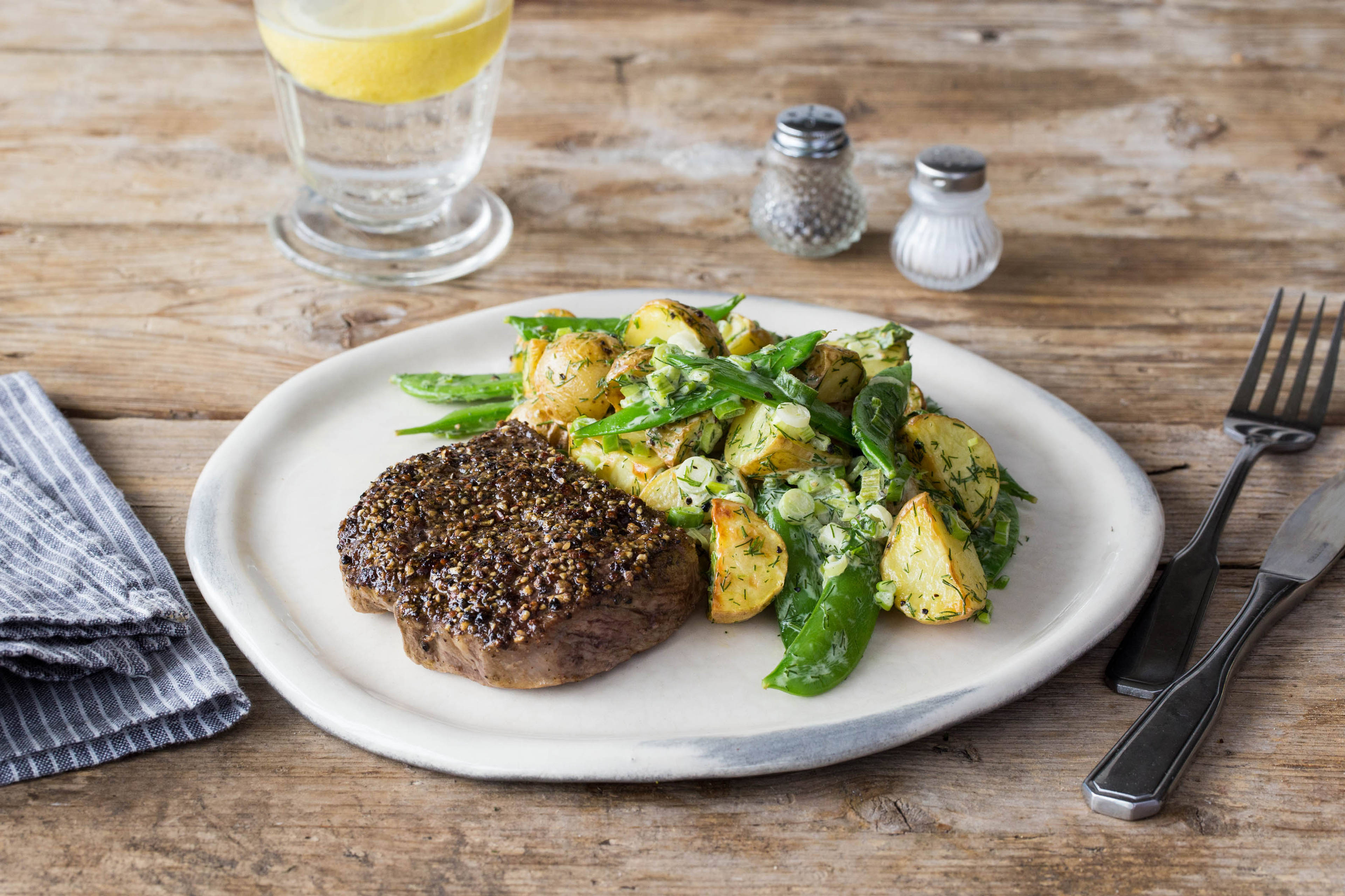 Pepper-Crusted Steak with Warm Potato Salad