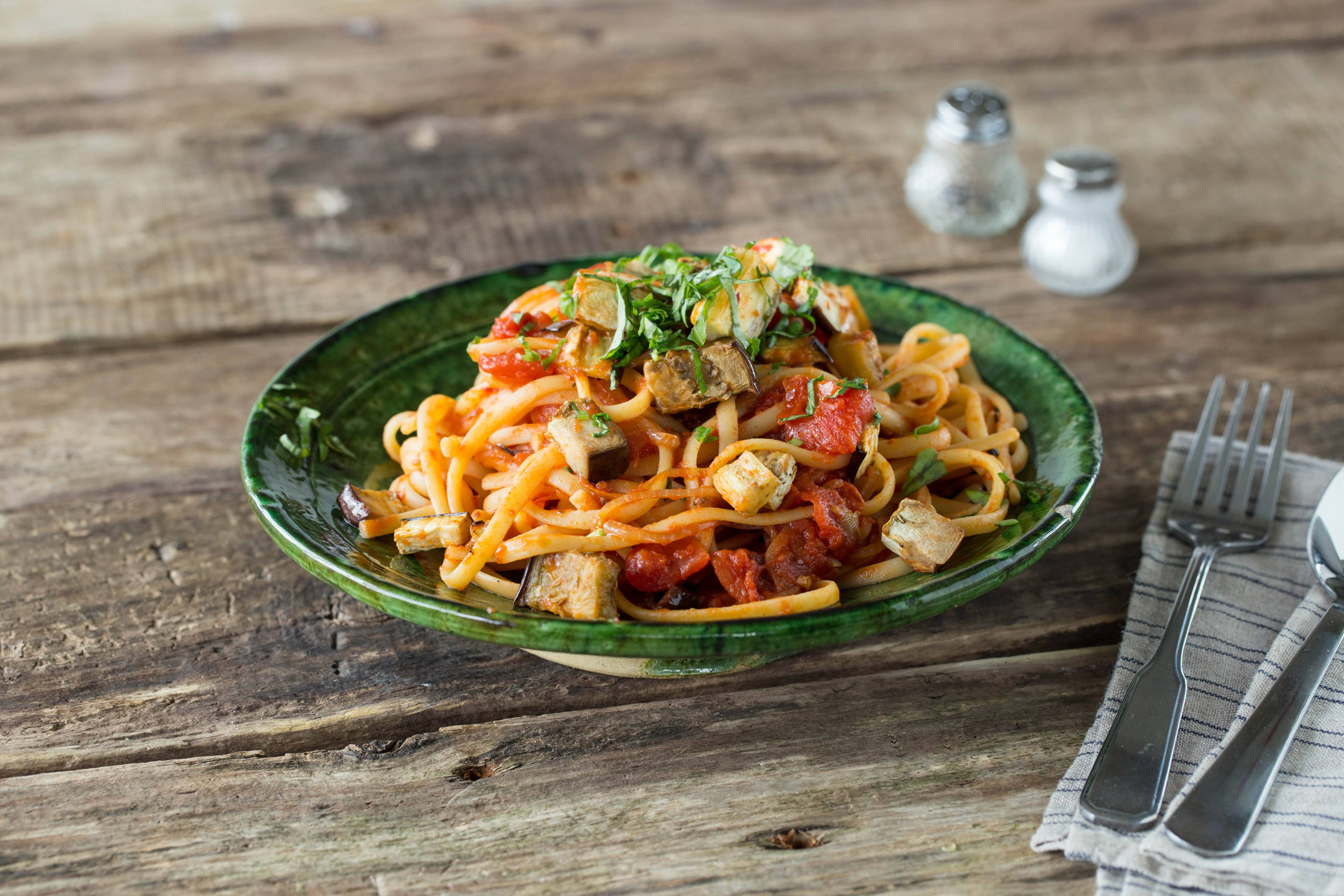 Roasted Eggplant Linguine with Sundried Tomatoes, Basil, and Chilies