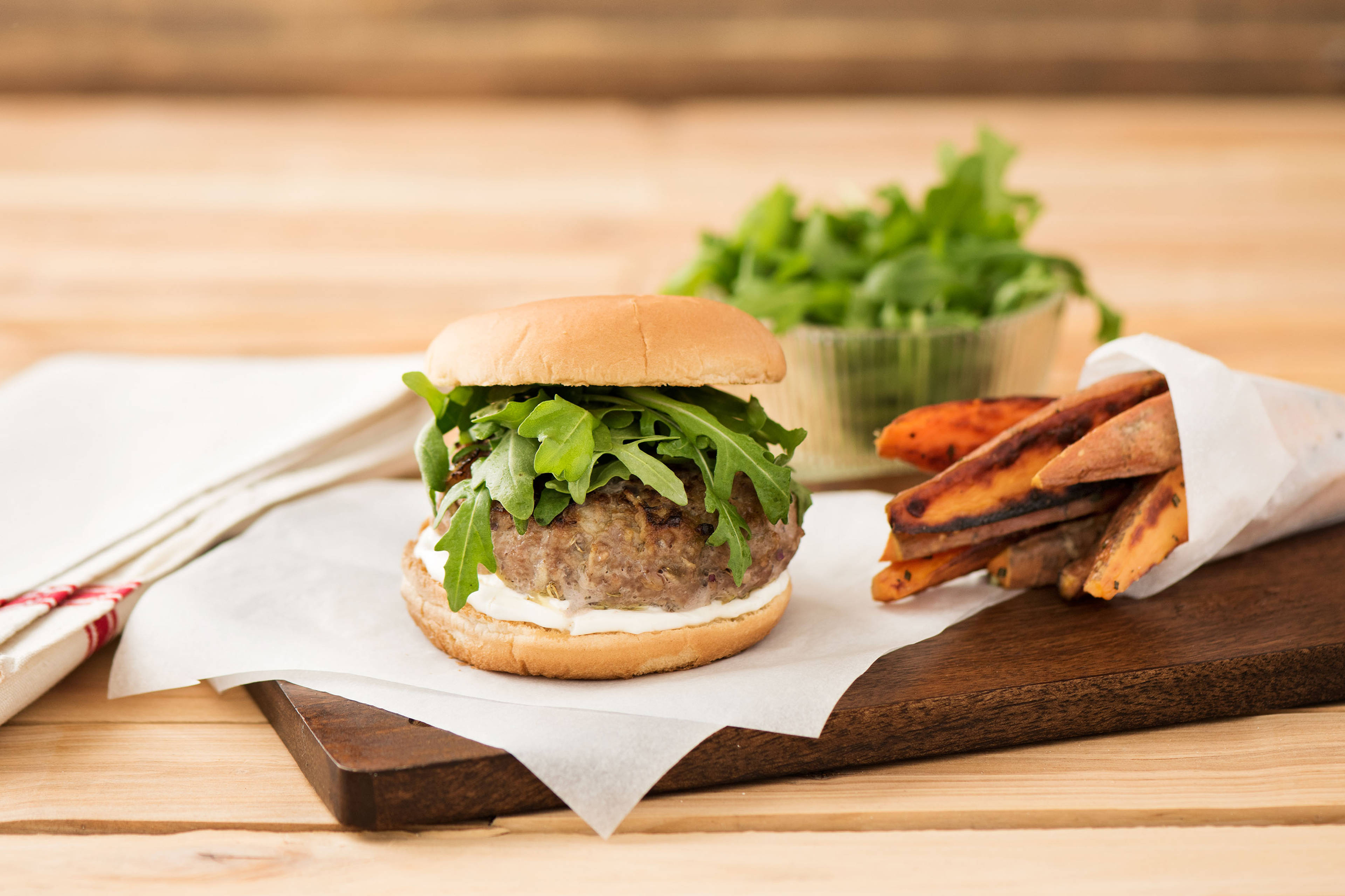 Family Pork & Apple Burgers with Sweet Potato Fries