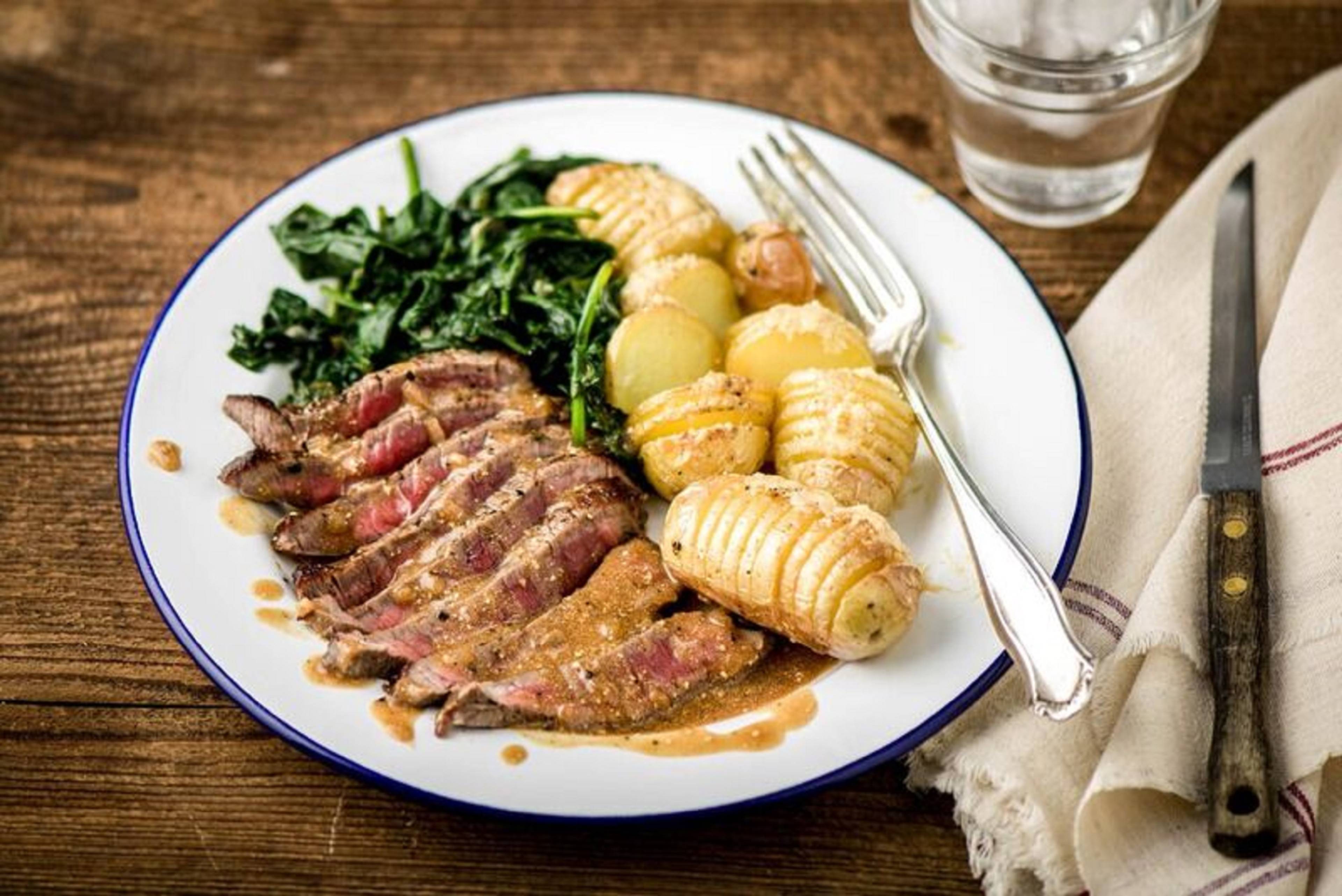 Steak Au Poivre with Cheesy Hesselbeck Potatoes, Creamed Kale, and Shallot-Peppercorn Sauce