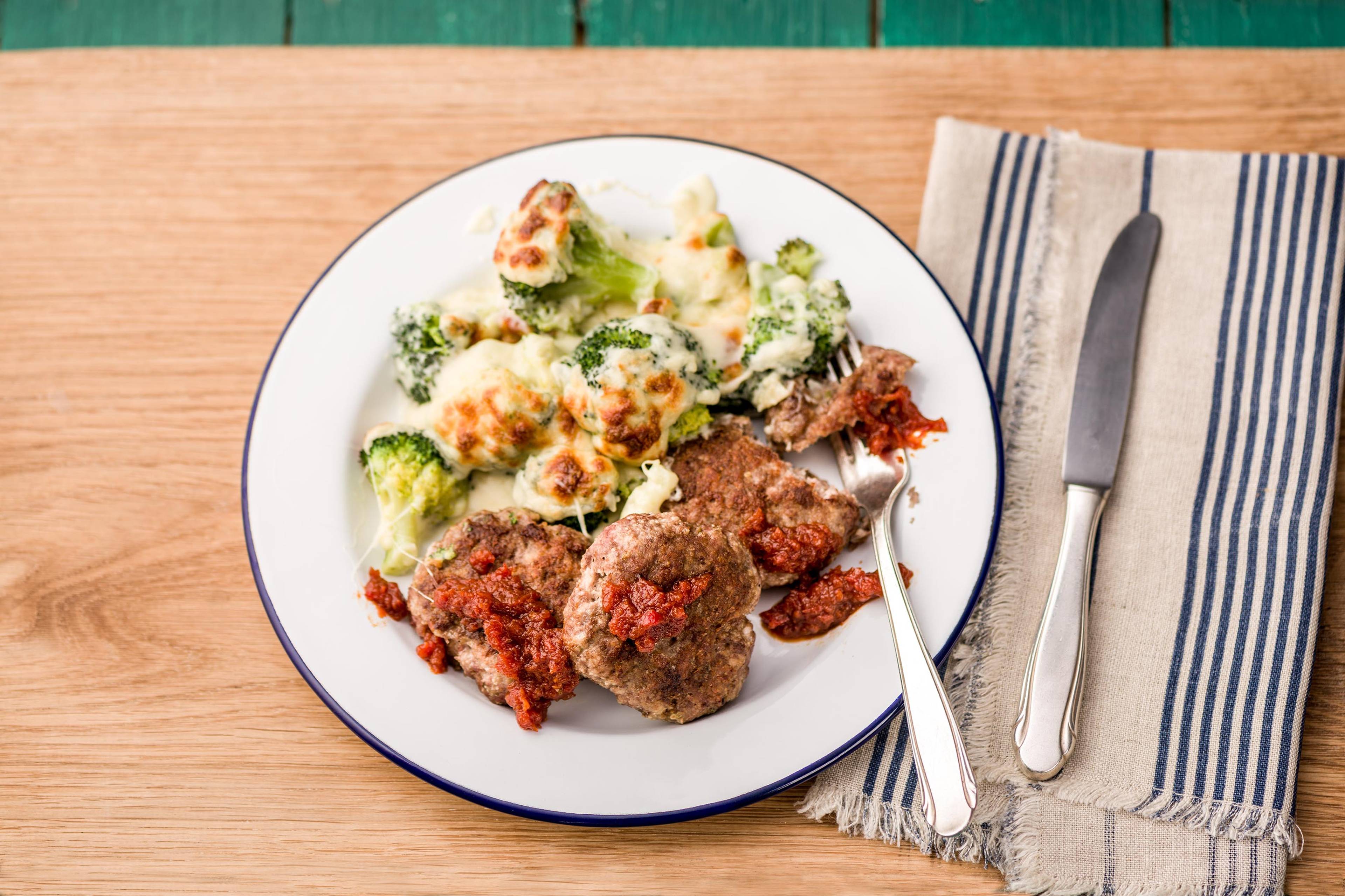 Beef Rissoles with Cheesy Broccoli