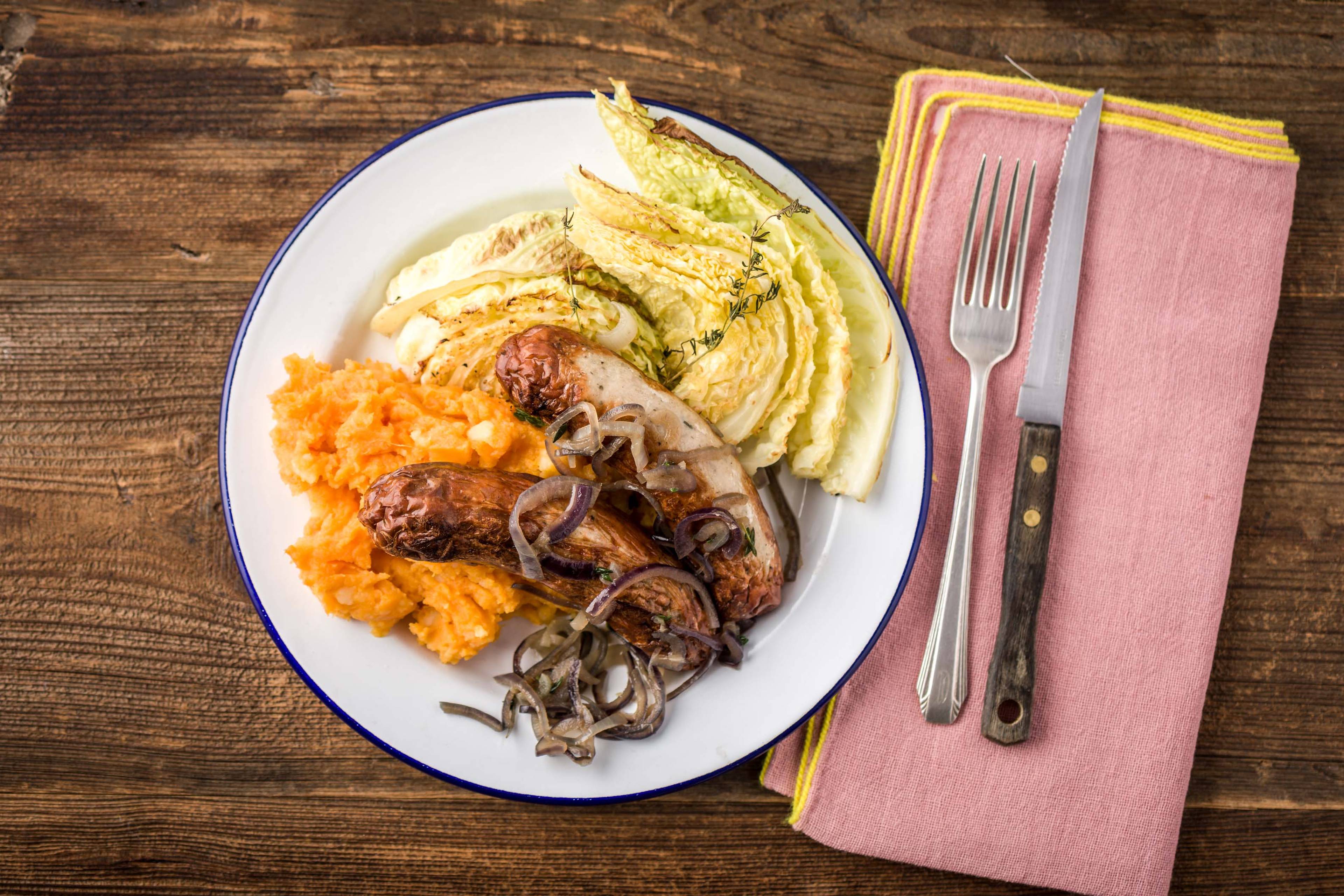 Honey Mustard Sausages with Sweet Potato Mash