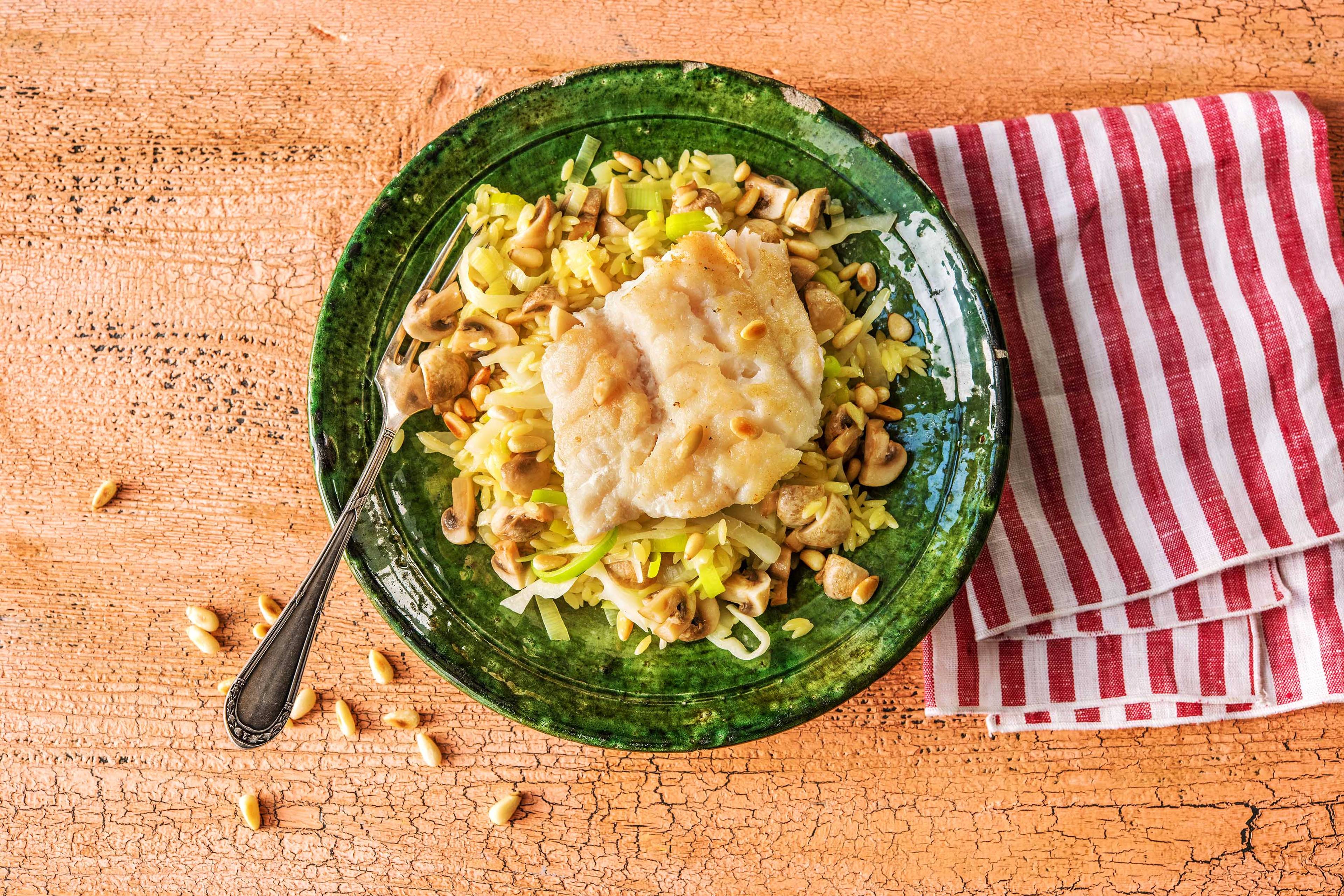 Orzo met kabeljauw en champignons