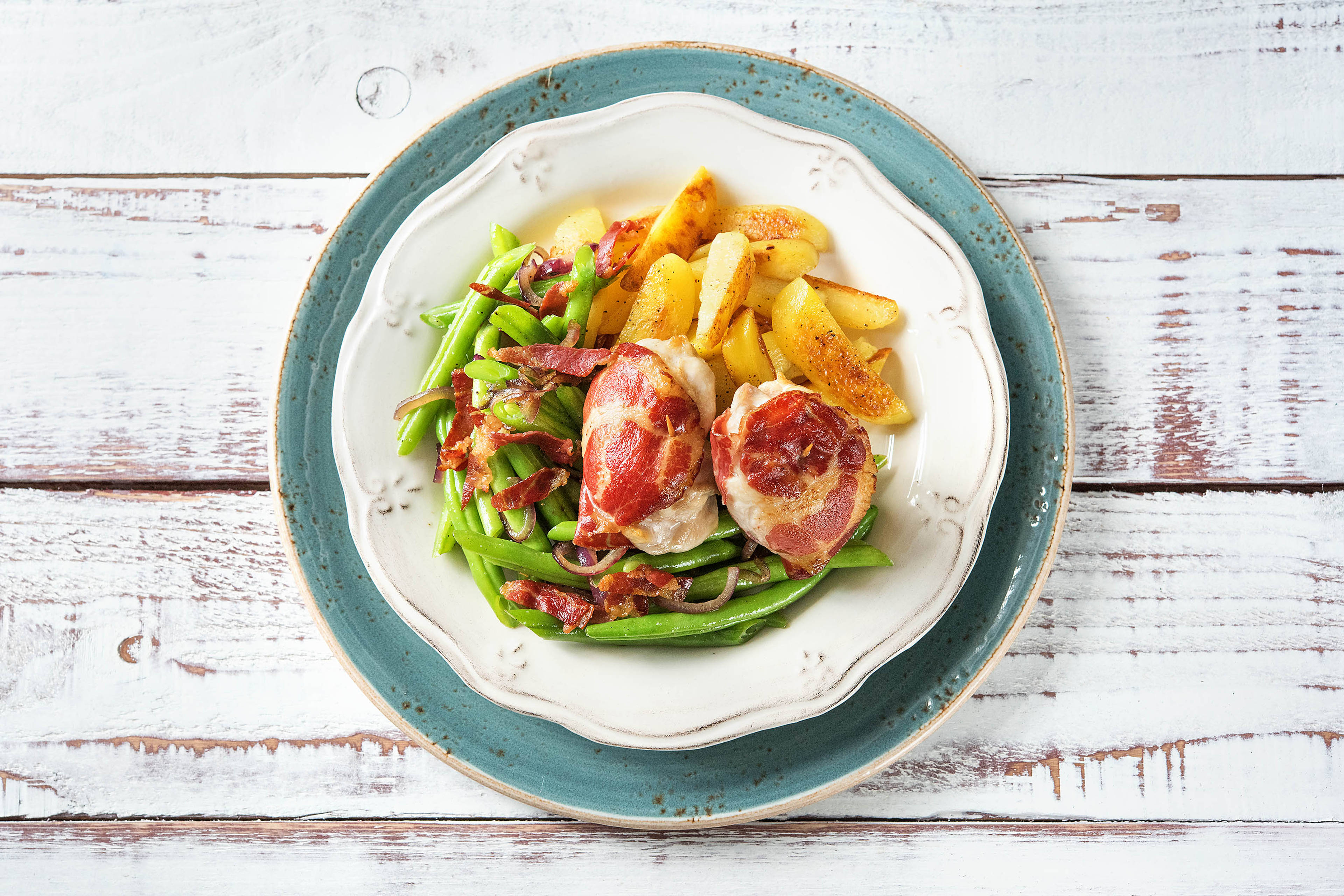 Kip met coppa di parma en sperziebonen