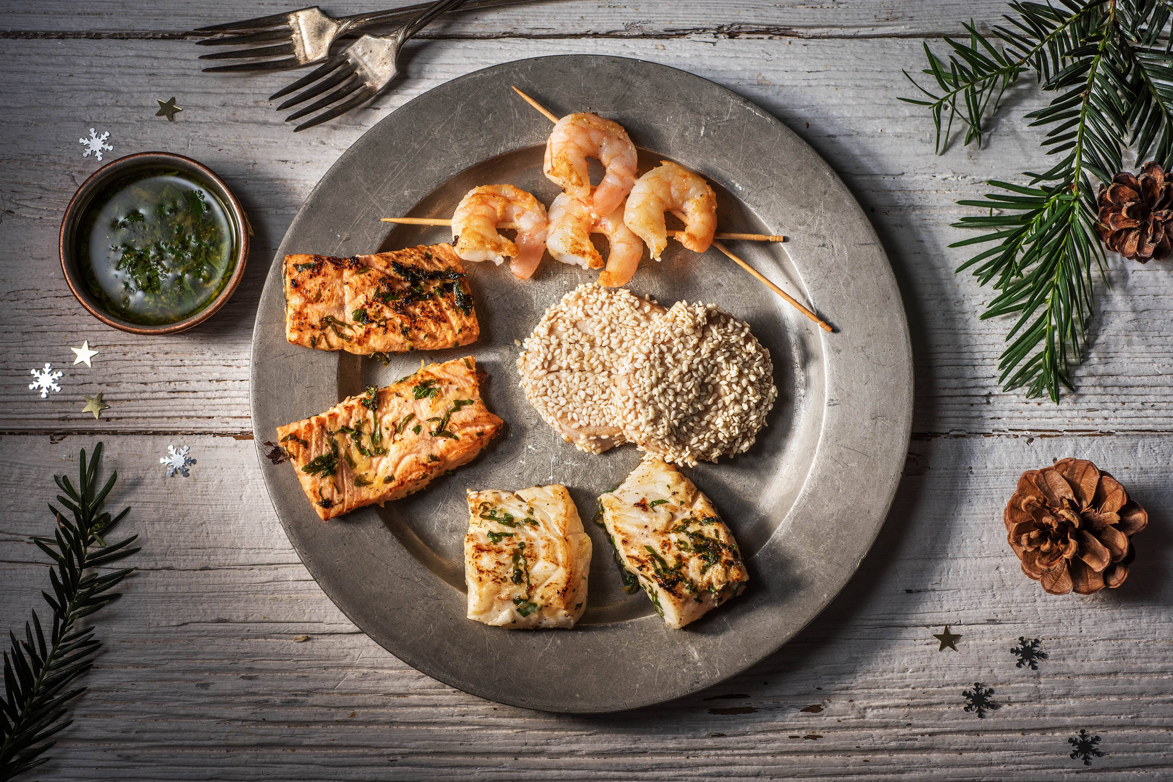 Trio de poissons et crevettes