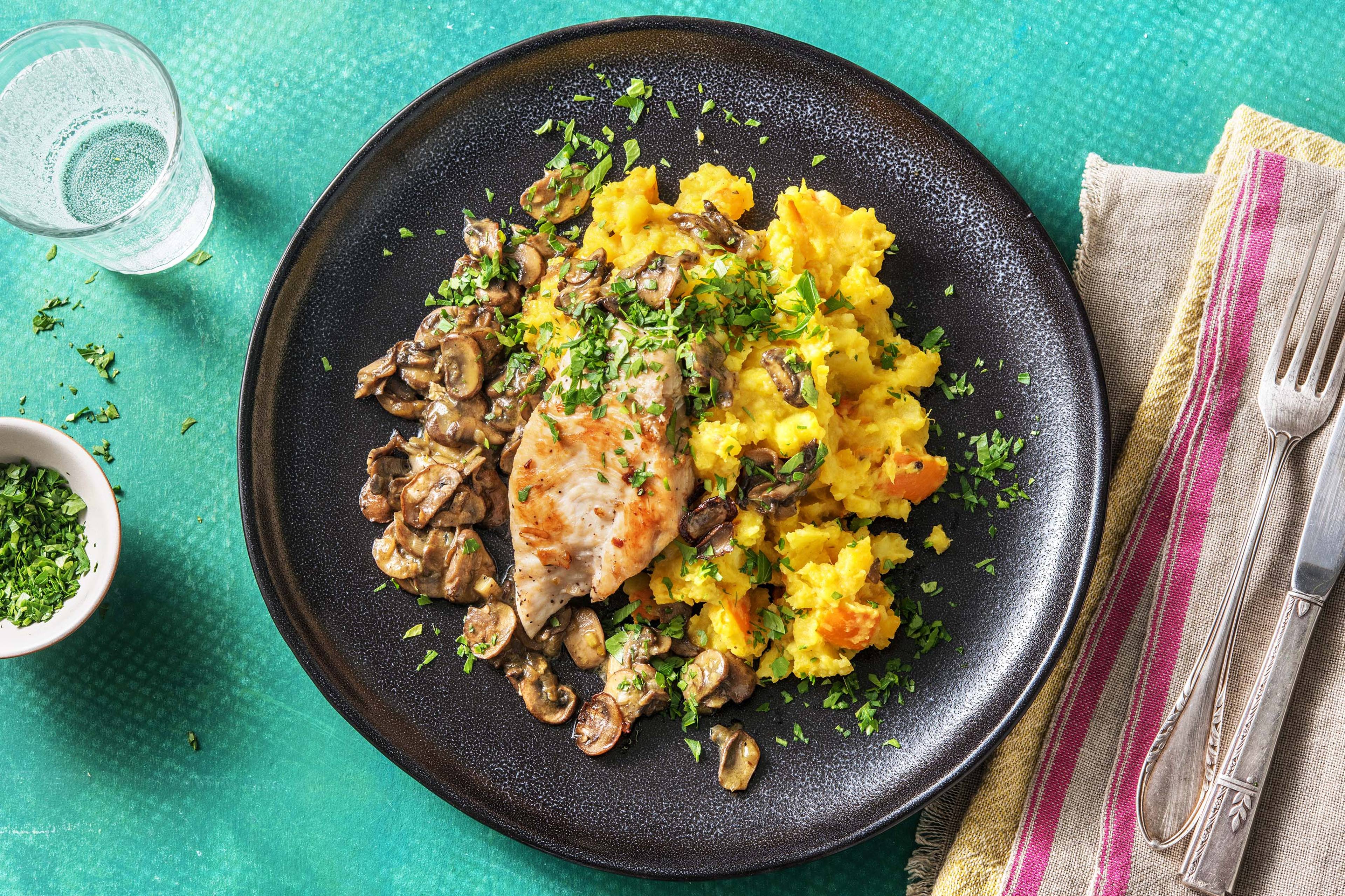 Filet de poulet à la méditerranéenne et sauce aux champignons