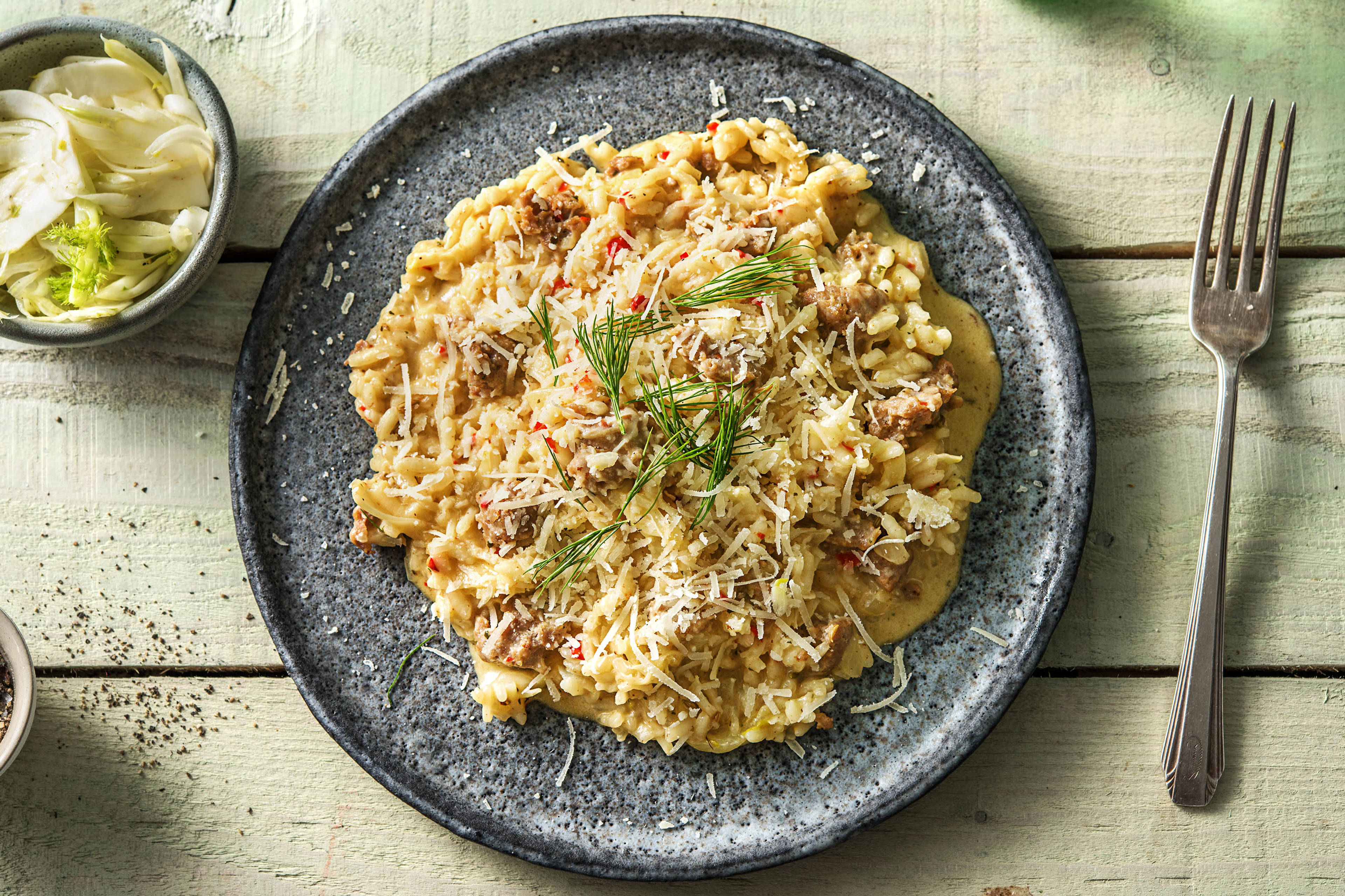 Risotto met venkel en gekruide varkensworst