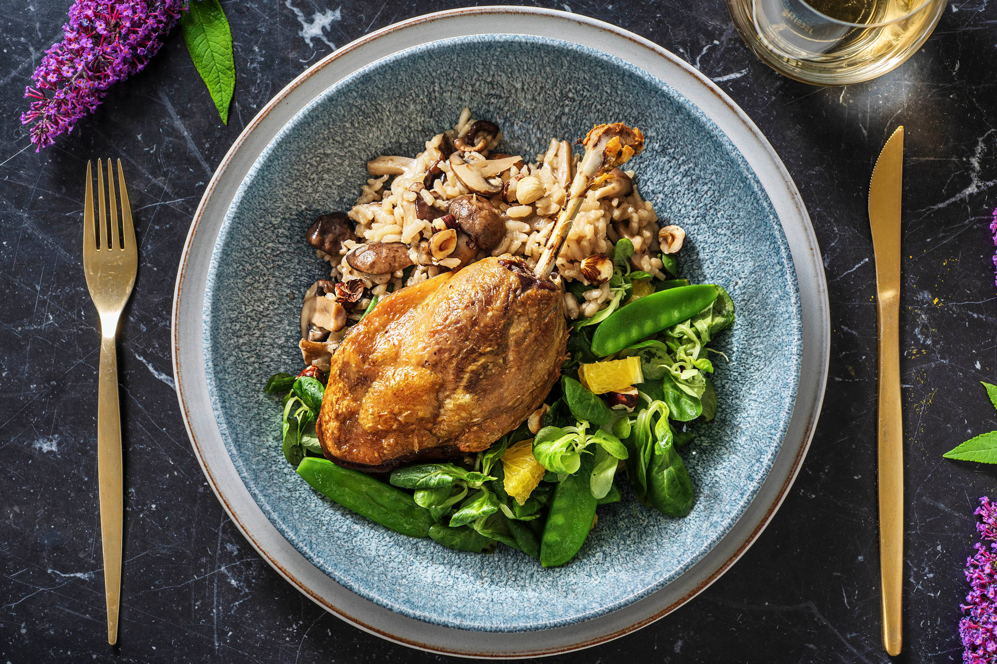 Cuisse de canard et risotto au shiitakés