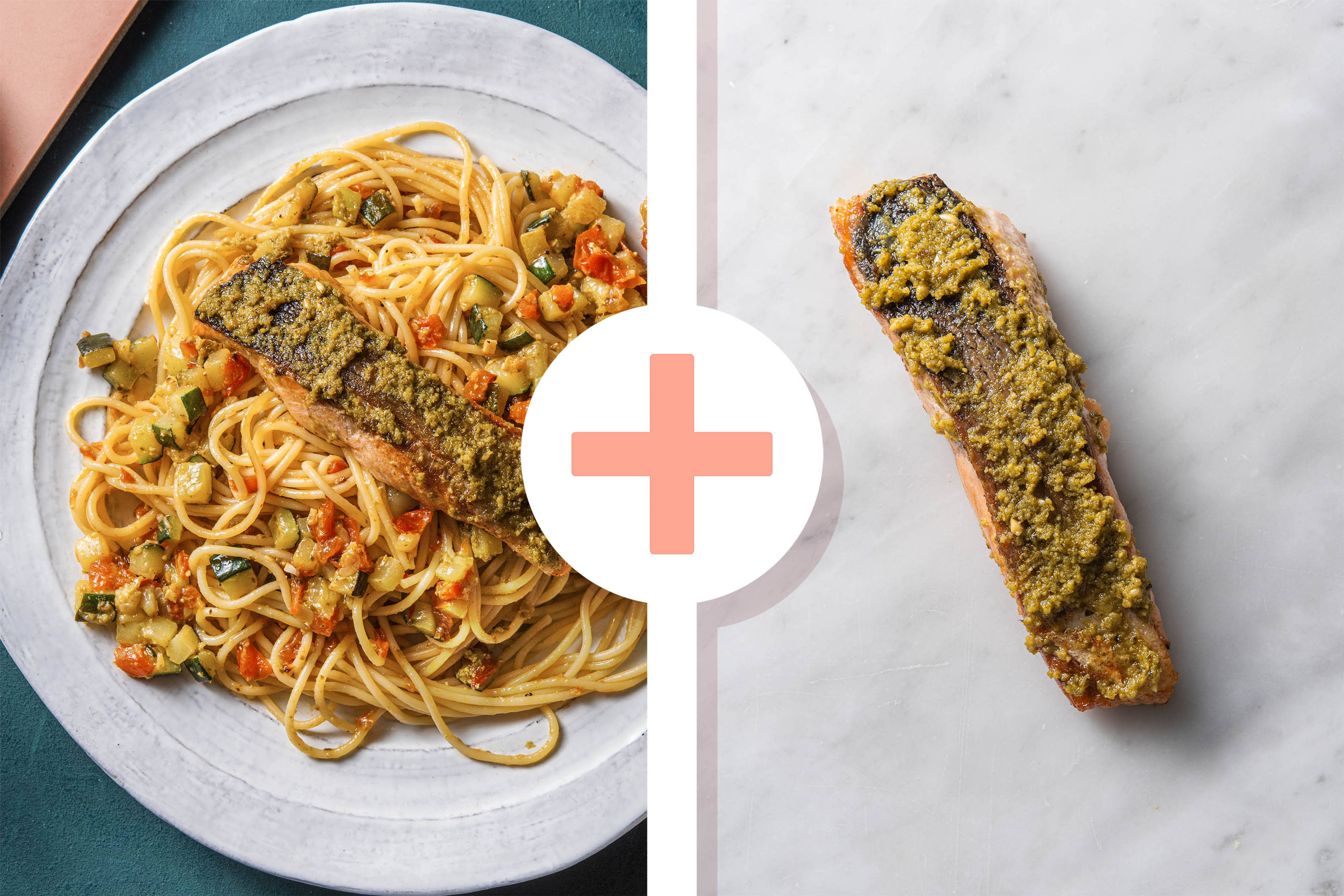 Double portion de filet de saumon et spaghetti au pesto