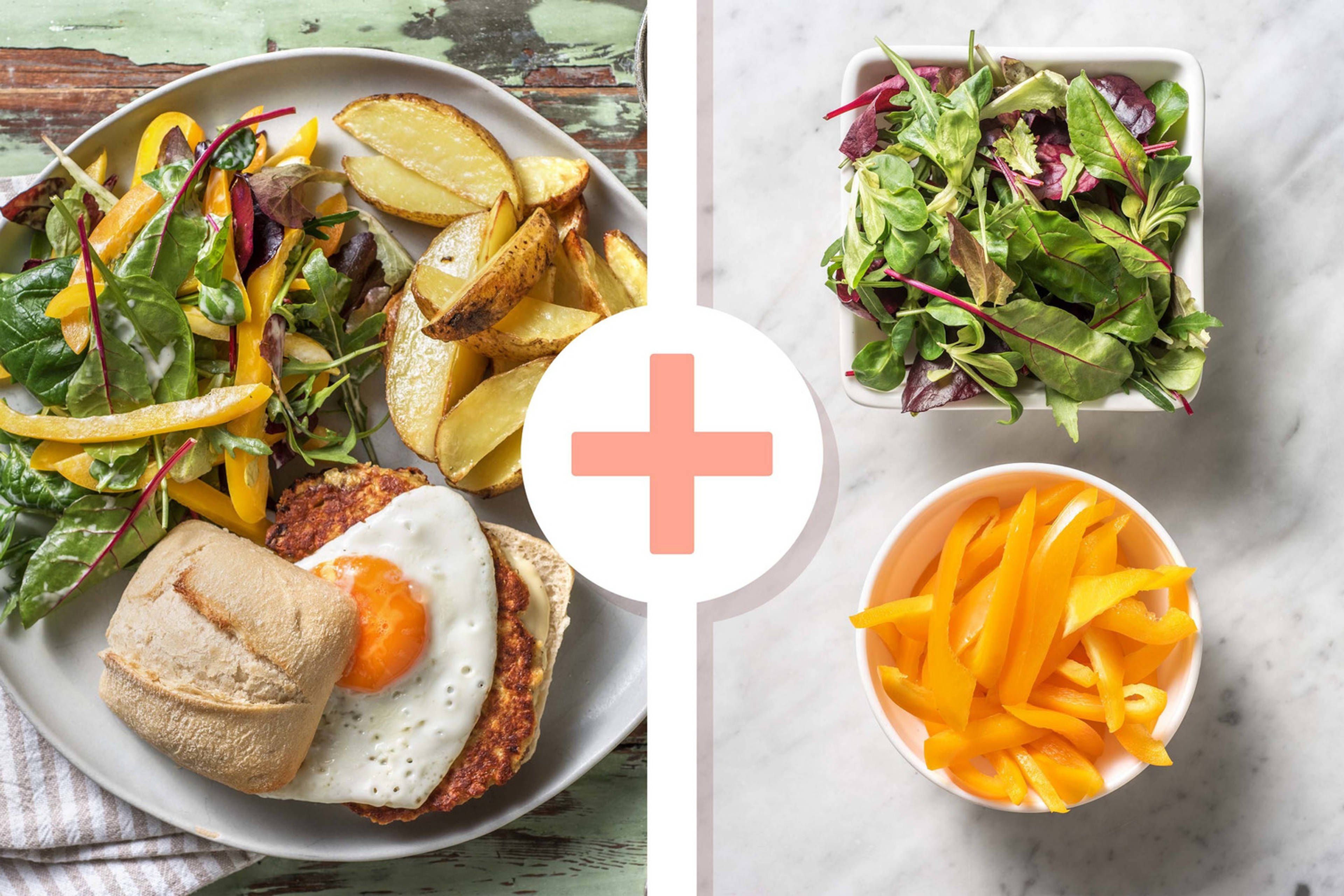 Boekoeloekoeburger met gebakken ei en aardappelen