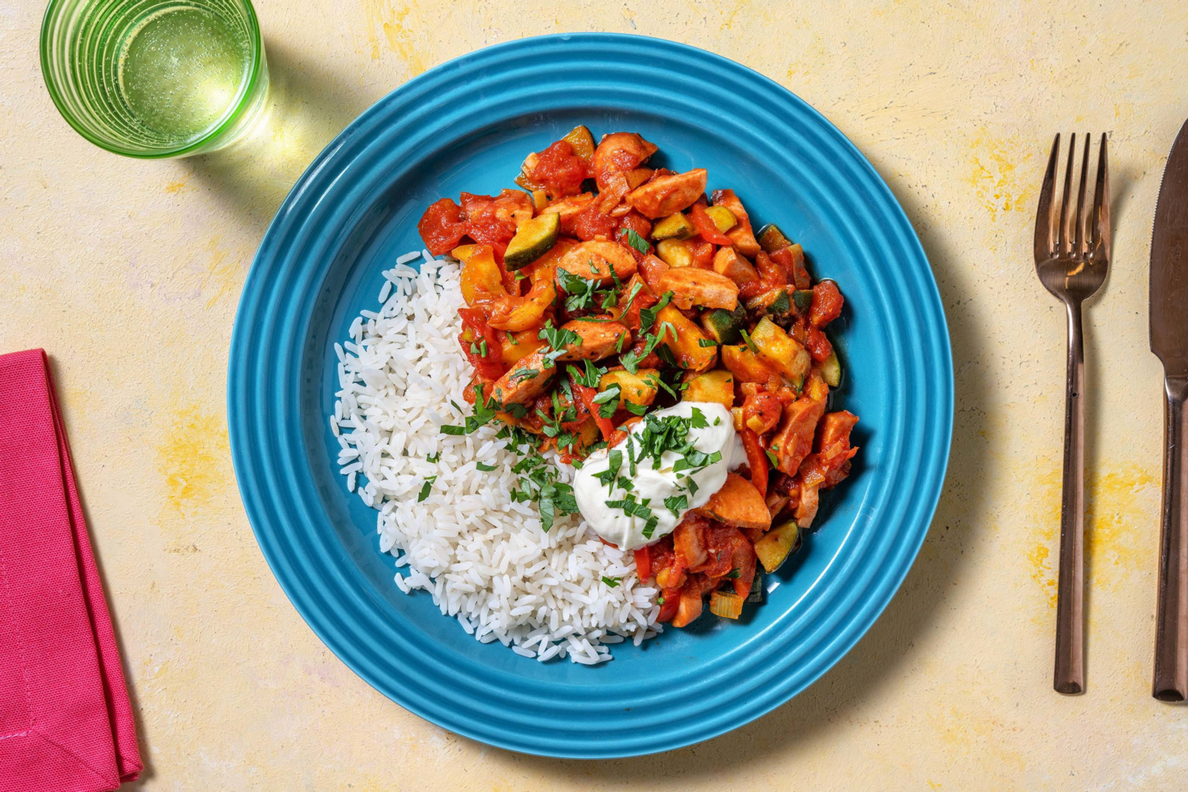 Snelle roerbak met rookworst in tomatensaus
