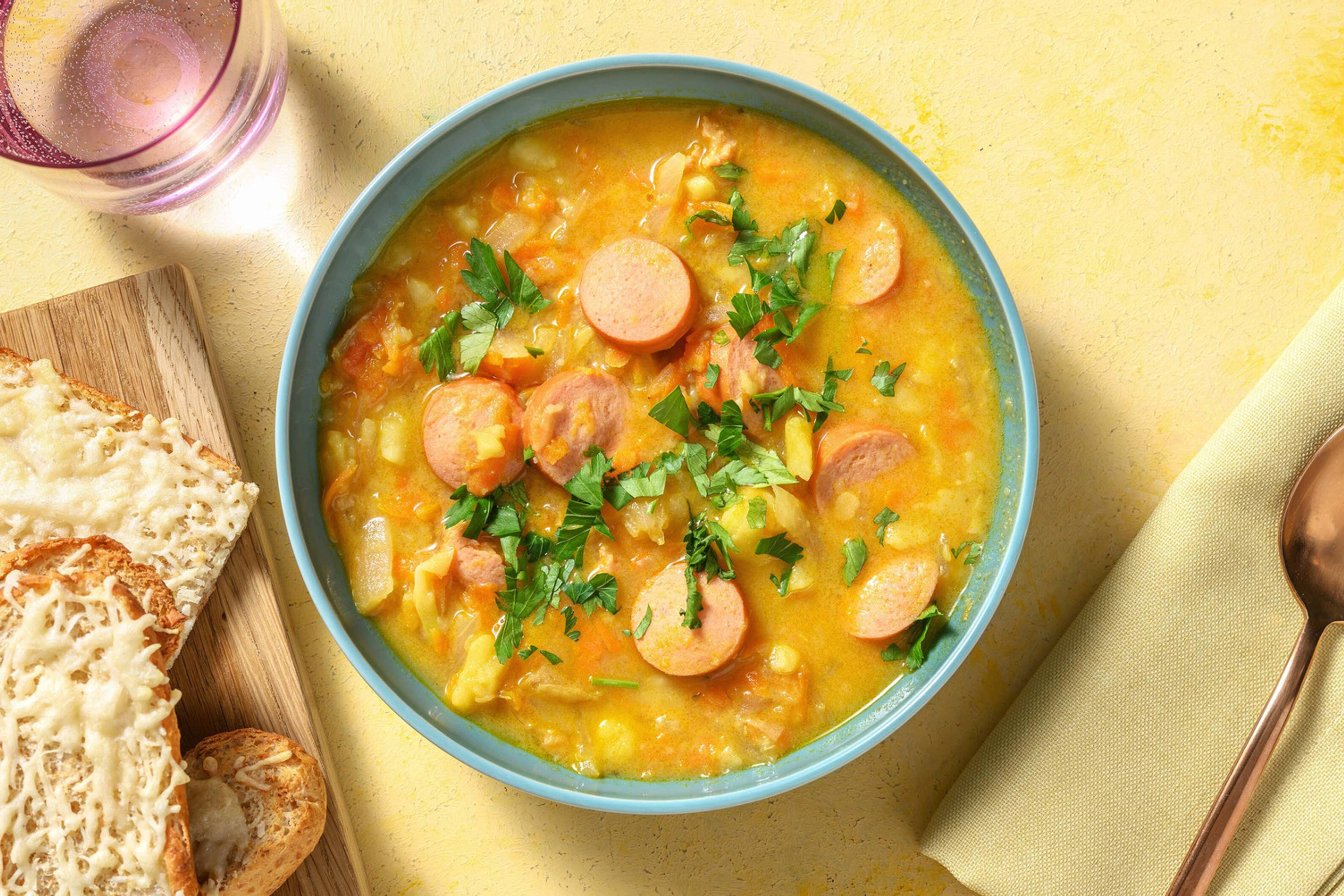Soupe de hochepot à la saucisse fumée, à la tomate et au persil