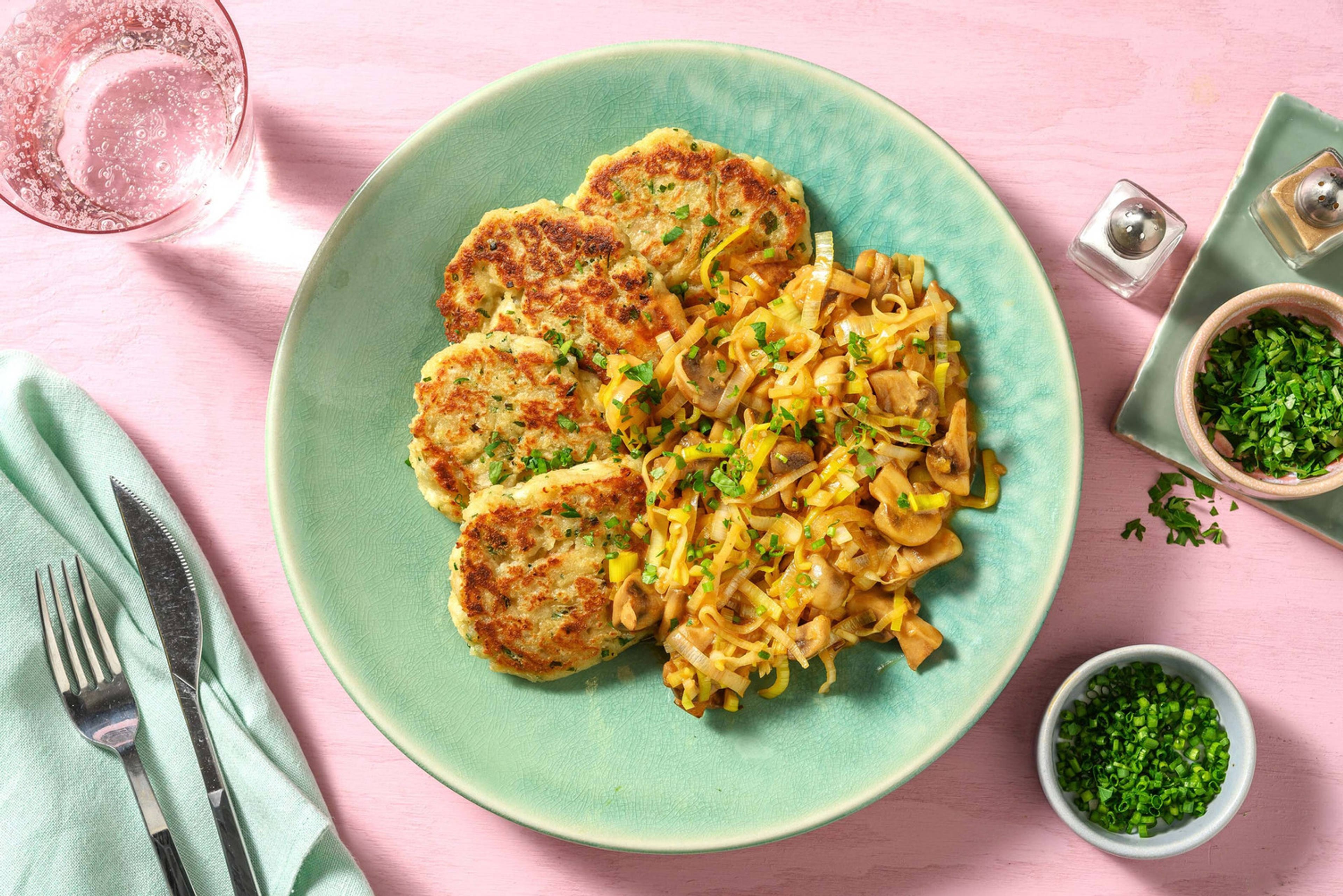 Selbst gemachte Pfannenknödel mit Pilzgulasch