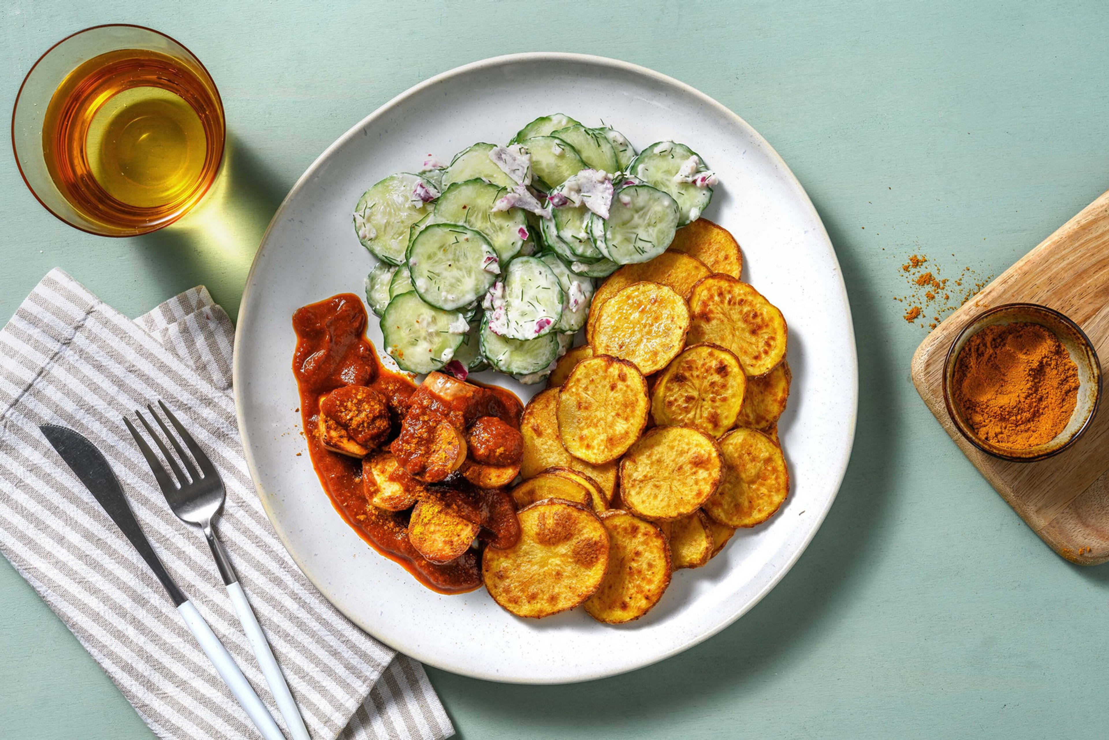 Vegane Currywurst mit crispy Kartoffel-Chips