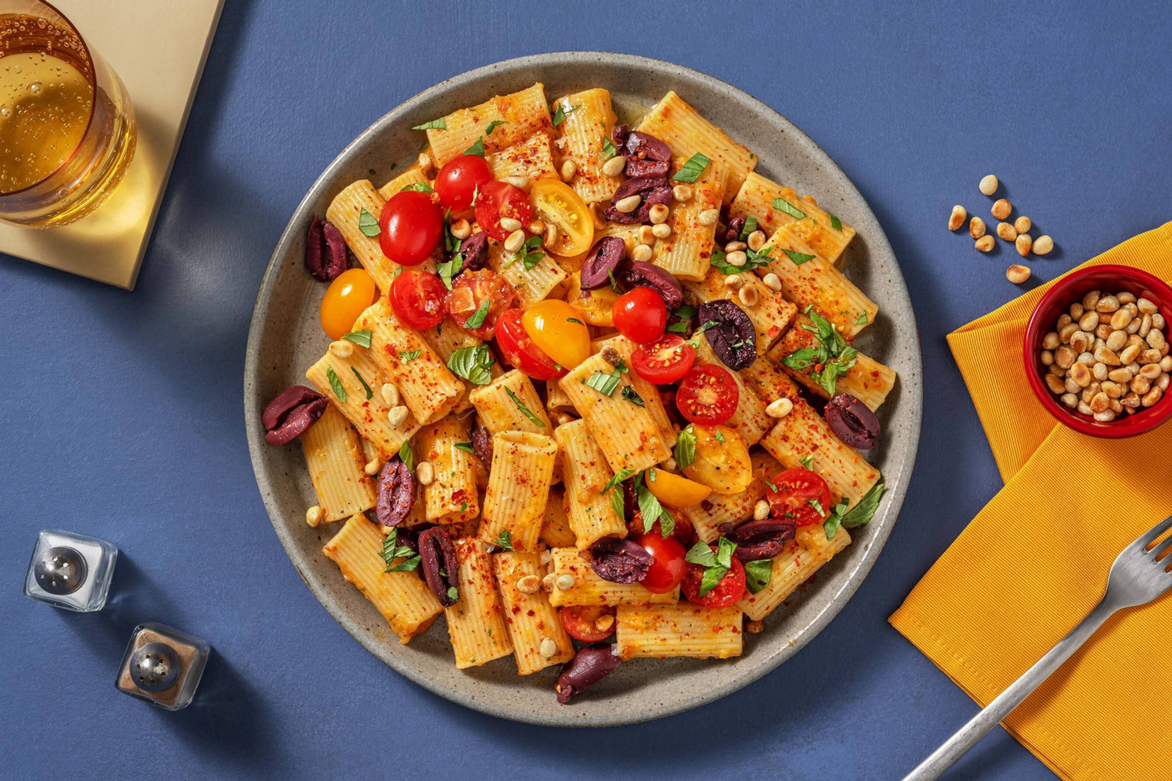 Rigatoni mit aromatischer Gemüsesoße & Kalamata-Oliven