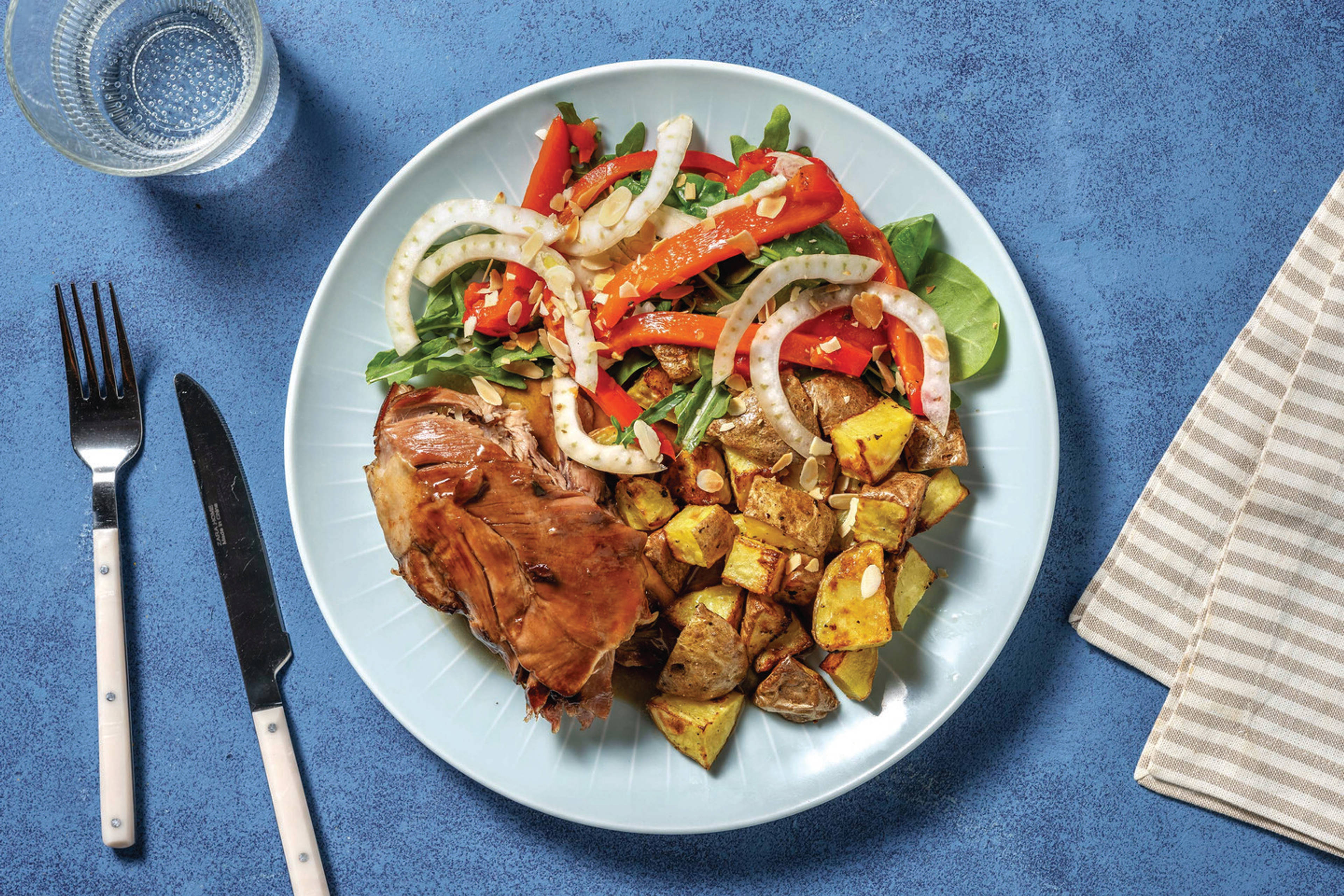 Sticky Roast Lamb Shoulder & Potatoes with Fennel & Tomato Salad