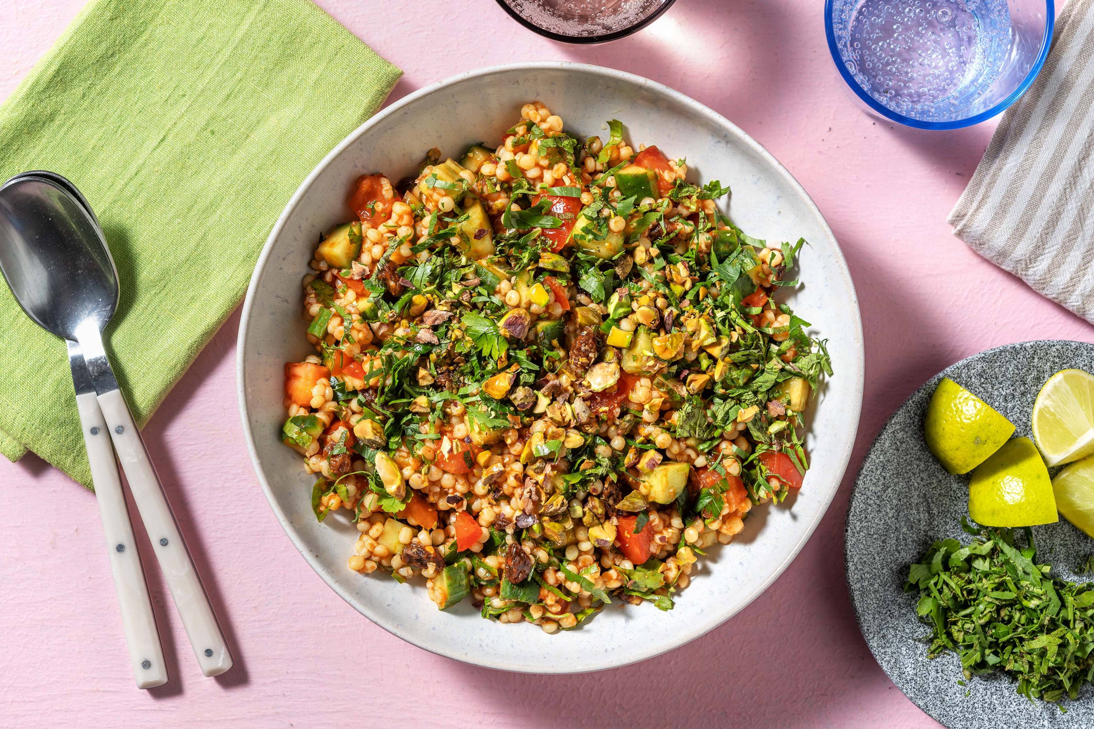 Salade de couscous perlé à la harissa et aux pistaches en extra