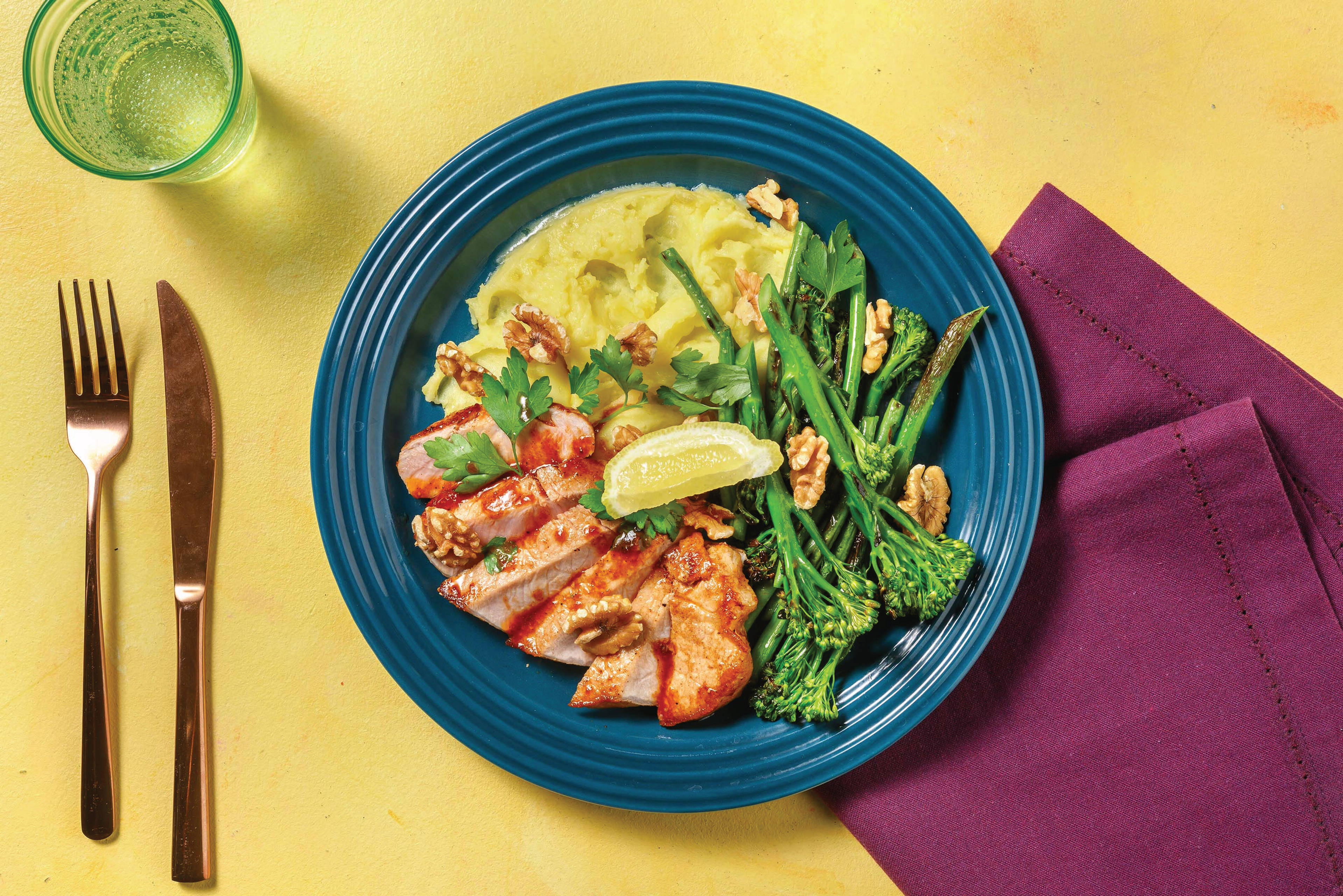 BBQ Savoury Pork & Mash with Lemon Greens & Walnuts
