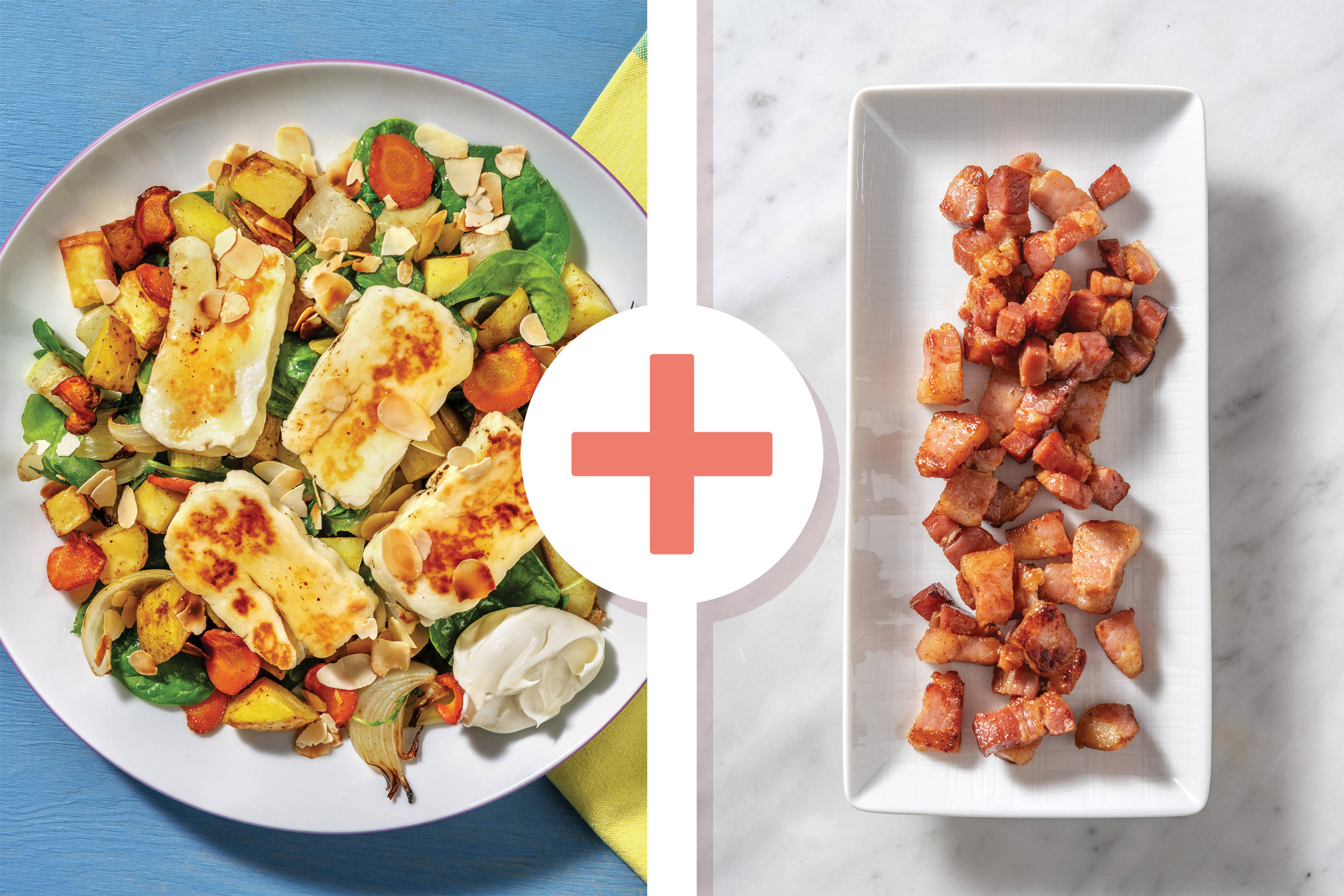 Honey-Glazed Haloumi, Bacon & Spiced Veggie Toss