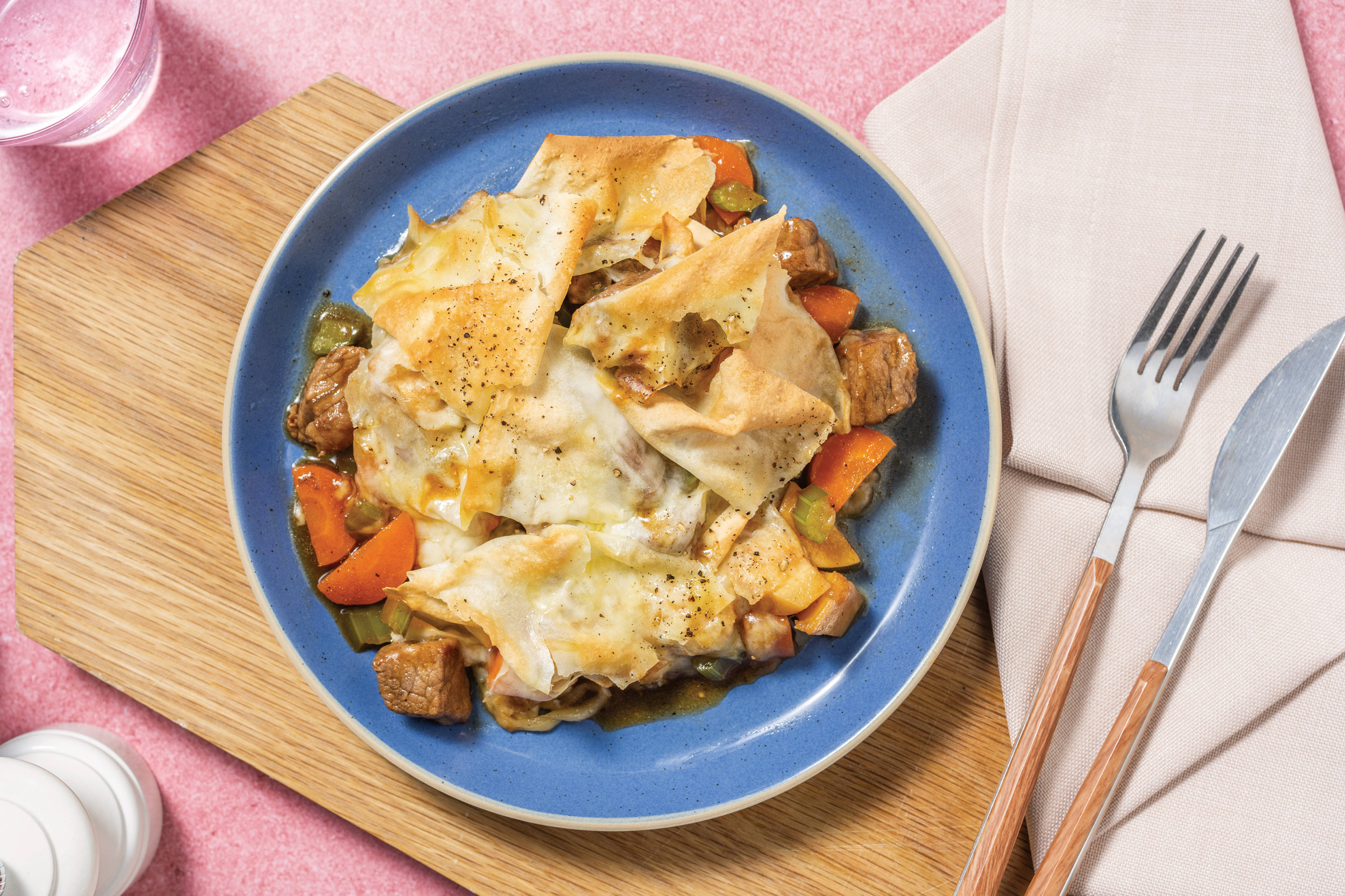 Peppercorn Gravy Beef & Veggie Filo Pie