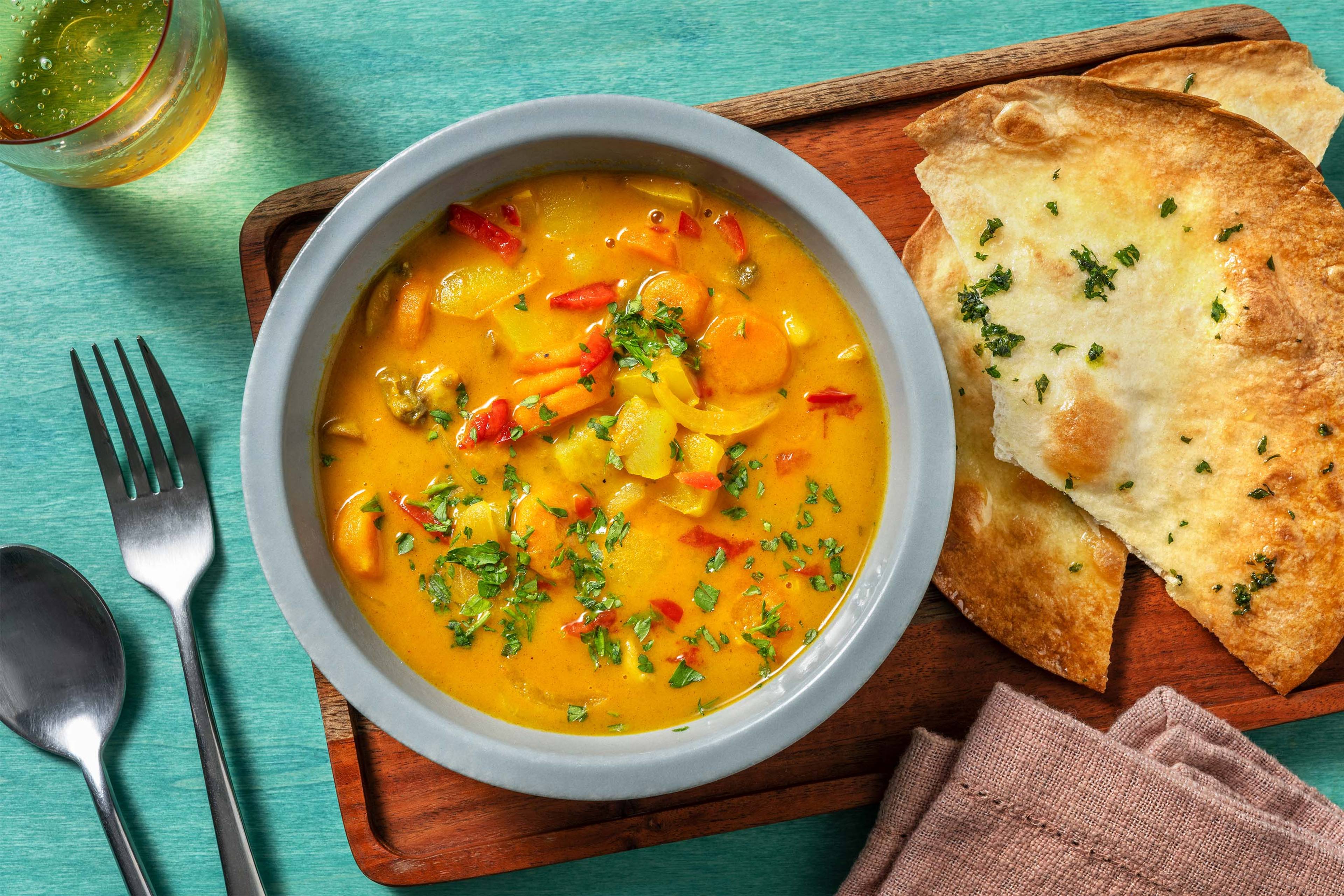 Goldenes Curry mit buntem Ofengemüse