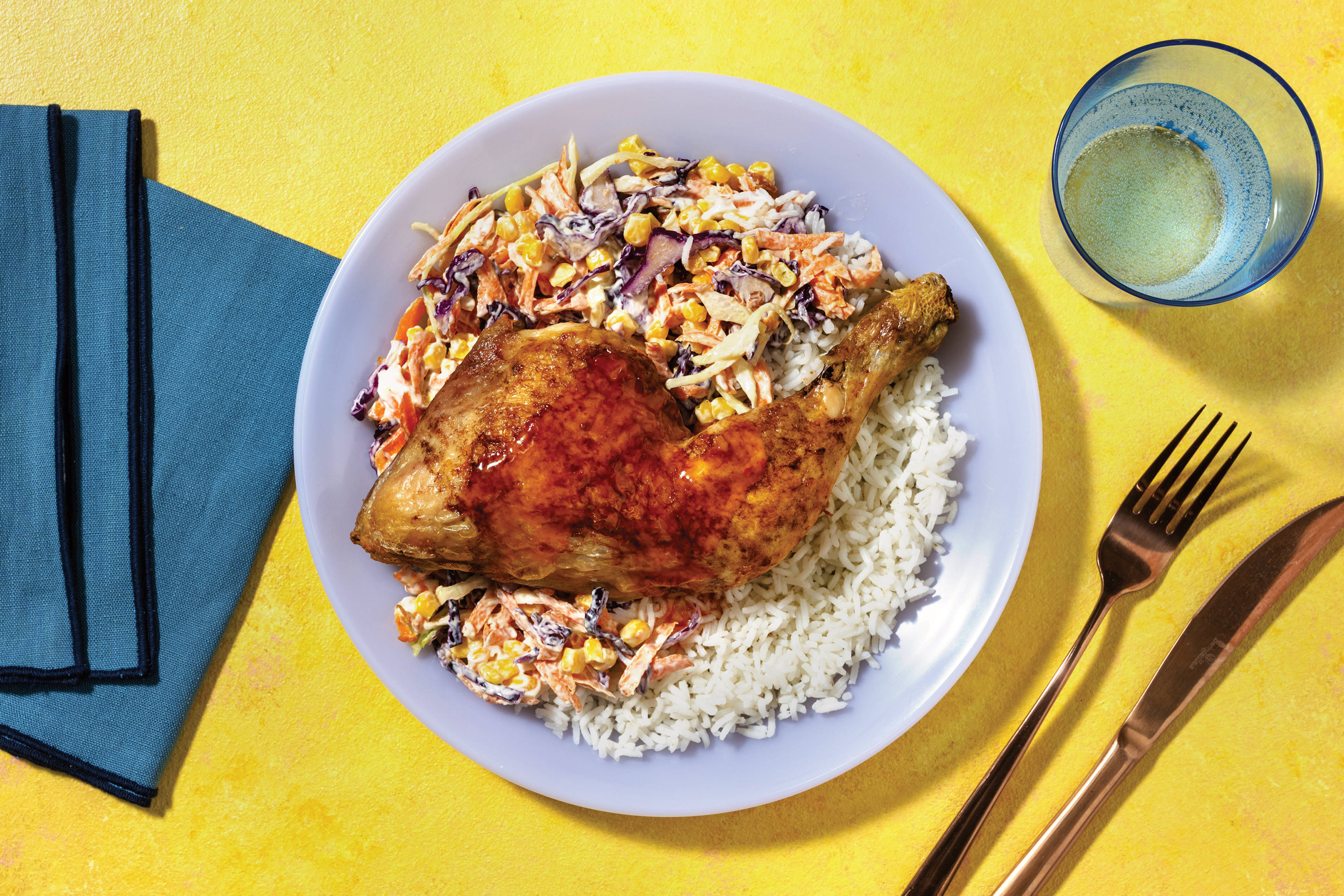 Sweet Chilli-Glazed Half Chicken with Butter Rice & Asian Corn Slaw