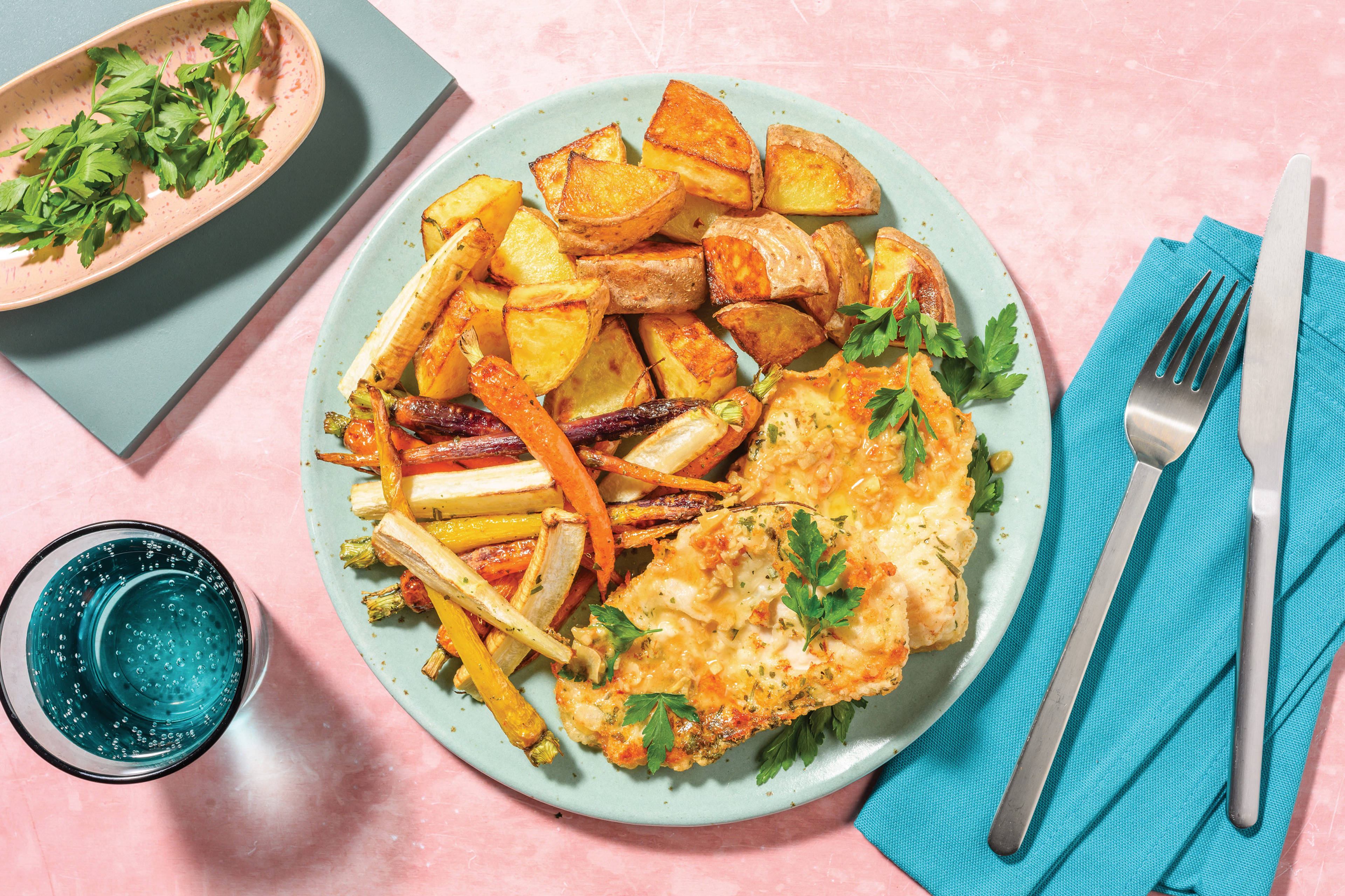 Double Chicken Paillard & Garlic Twice-Cooked Potatoes