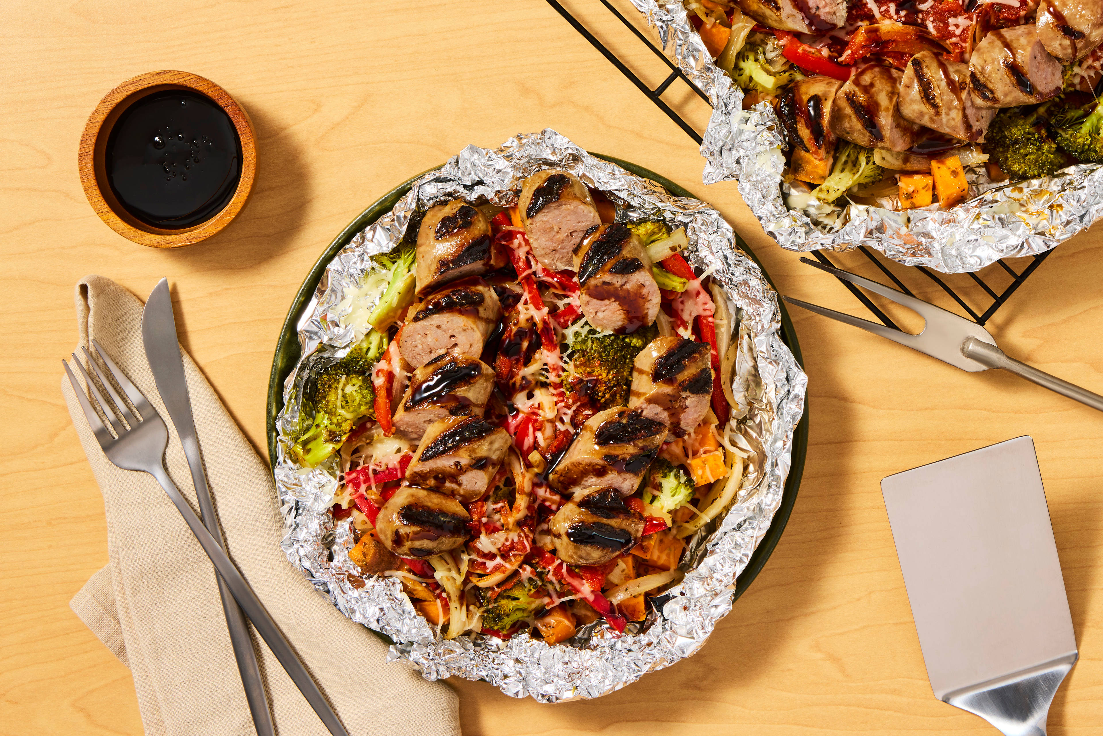 Grilled Pork Sausage & Cheesy Veggie Packets