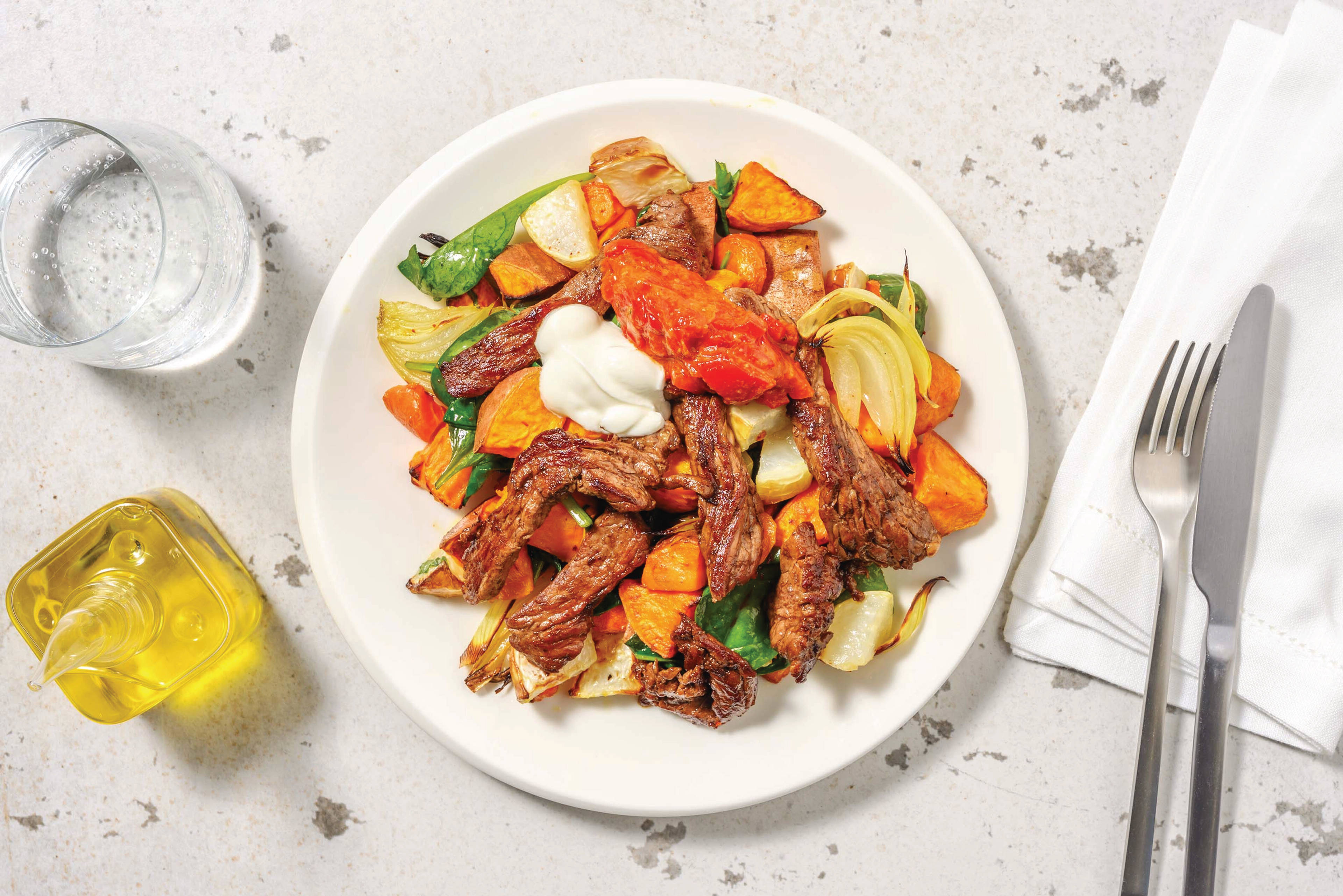 HelloHero: Herbed Beef & Roast Veggie Toss