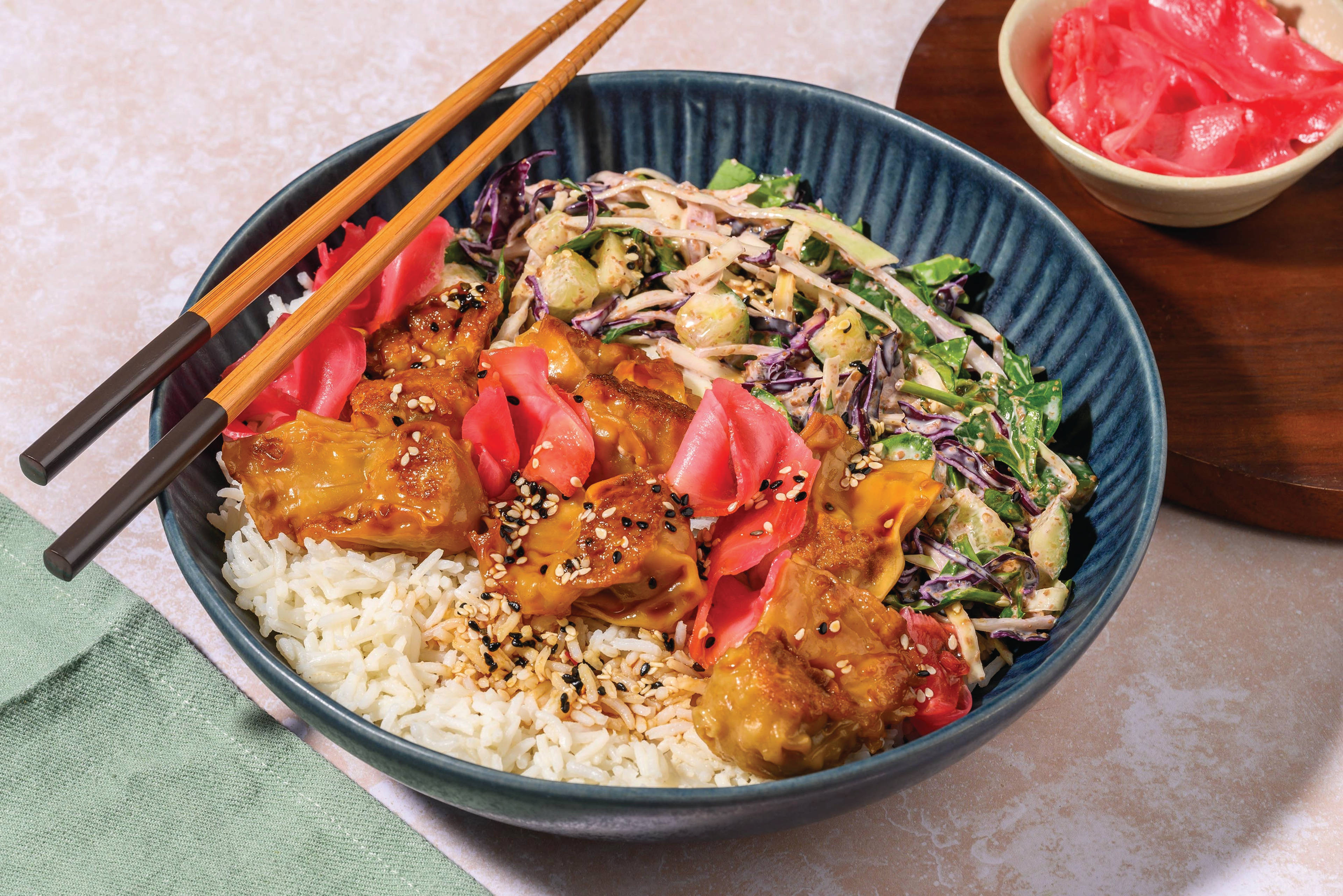 Double Japanese-Style Prawn Dumpling & Garlic Rice Bowl