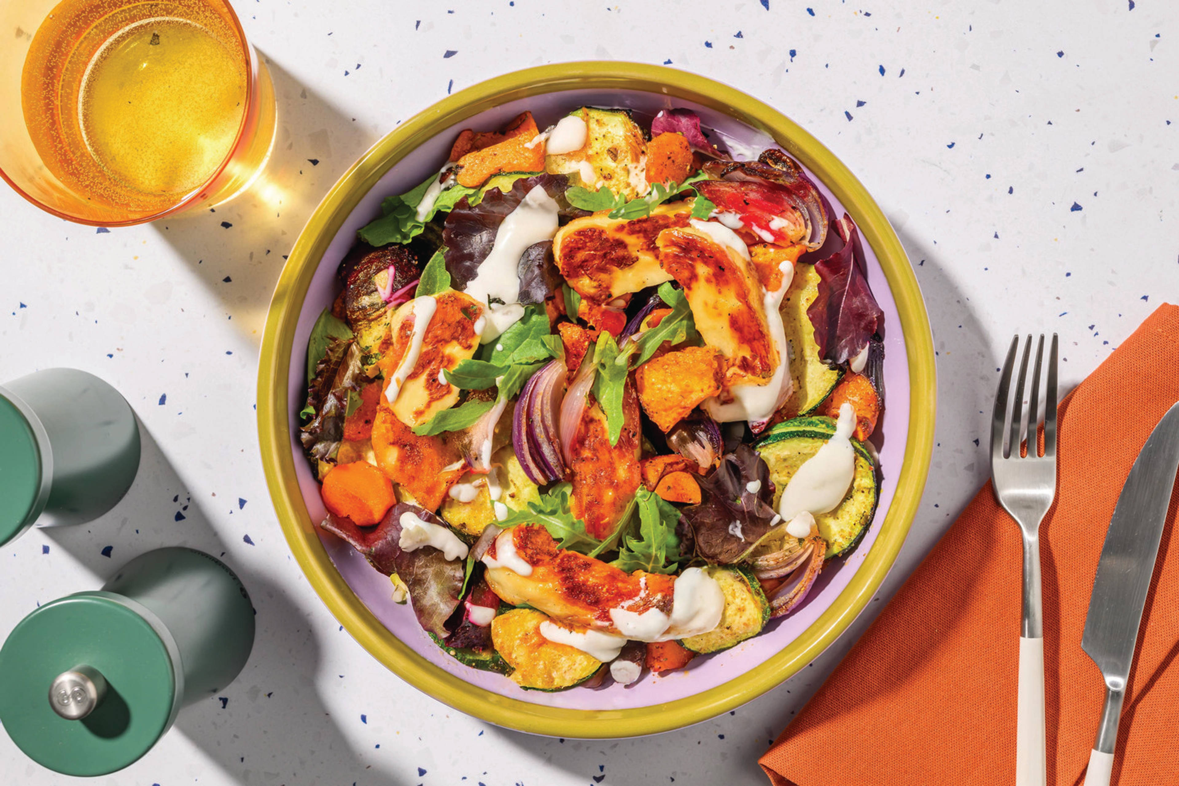 Honey Haloumi , Chicken & Chermoula Veggie Toss