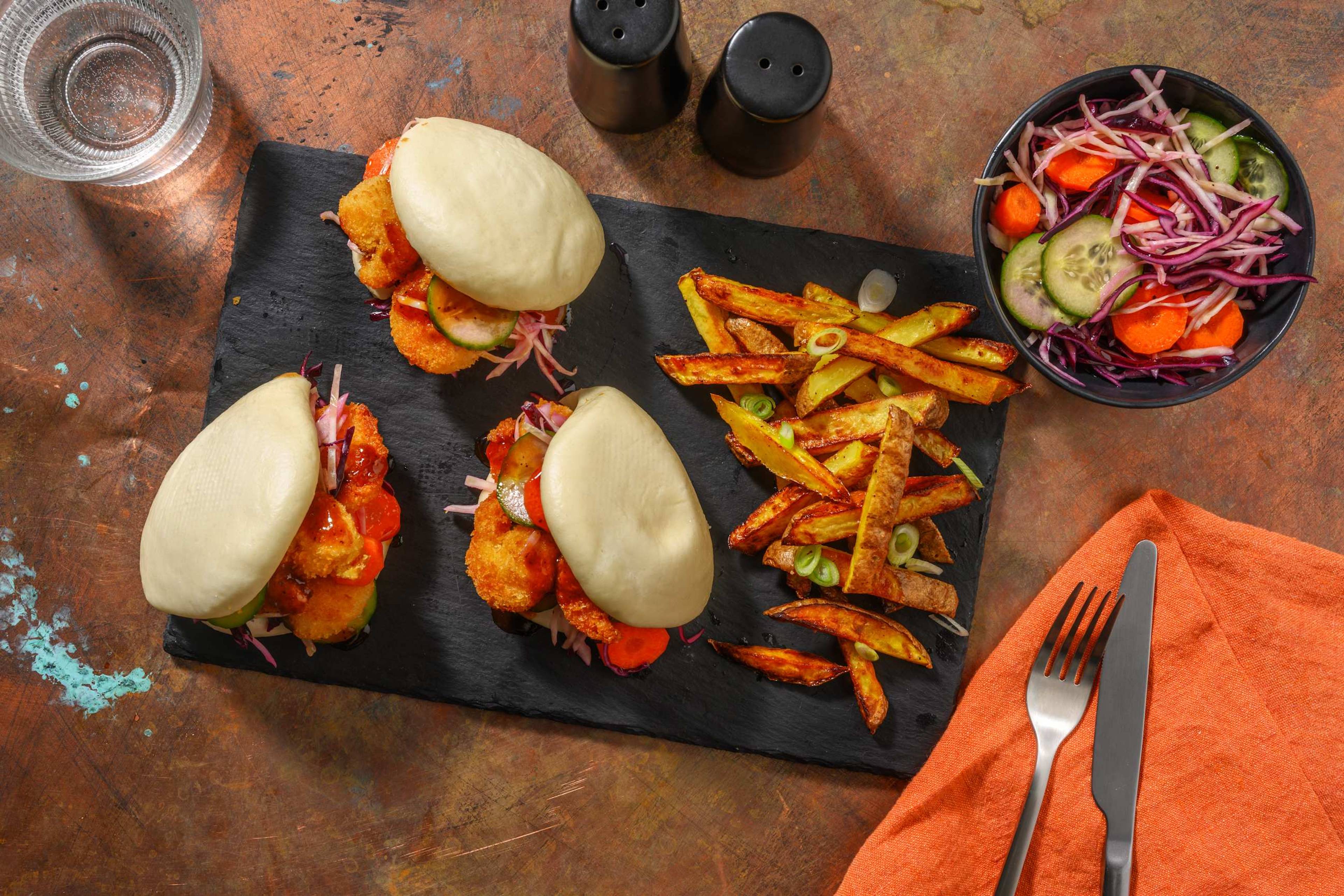 Prawn Katsu Bao Buns & Loaded Cabbage Salad